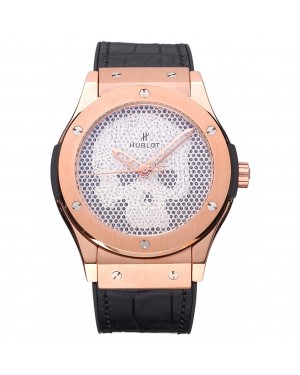 Hublot Classic Fusion Diamond Skull Dial Gold Case Black Leather Strap 622816