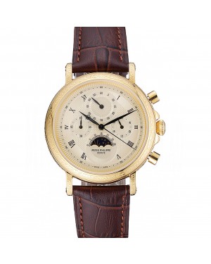Patek Philippe Grand Complications Gold Dial Engraved Gold Case Brown Leather Bracelet 1454141