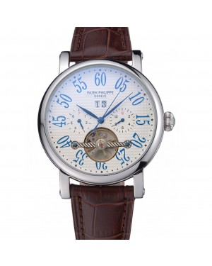 Patek Philippe Grand Complications Stainless Steel Case White Dial Roman Numerals Brown Leather Bracelet 622257