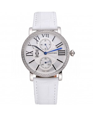 Cartier Ronde Second Time Zone White Dial Stainless Steel Case With Diamonds White Leather Strap 622803