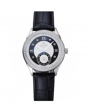 Omega DeVille Prestige Black Dial Silver Diamond Case Black Leather Bracelet 1454120