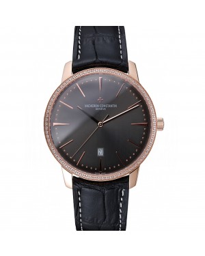 Swiss Vacheron Constantin Patrimony Grey Dial Gold Diamonds Case Black Leather Bracelet 1454173