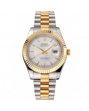 Swiss Rolex Datejust White Dial Gold Bezel Stainless Steel Case Two Tone Gold Bracelet