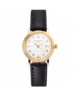 Patek Philippe Calatrava White Dial Diamond Hour Marks Double Ribbed Bezel Gold Case Black Leather Strap
