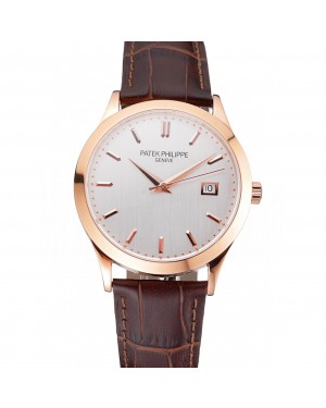 Swiss Patek Philippe Calatrava White Dial Rose Gold Case Brown Leather Strap