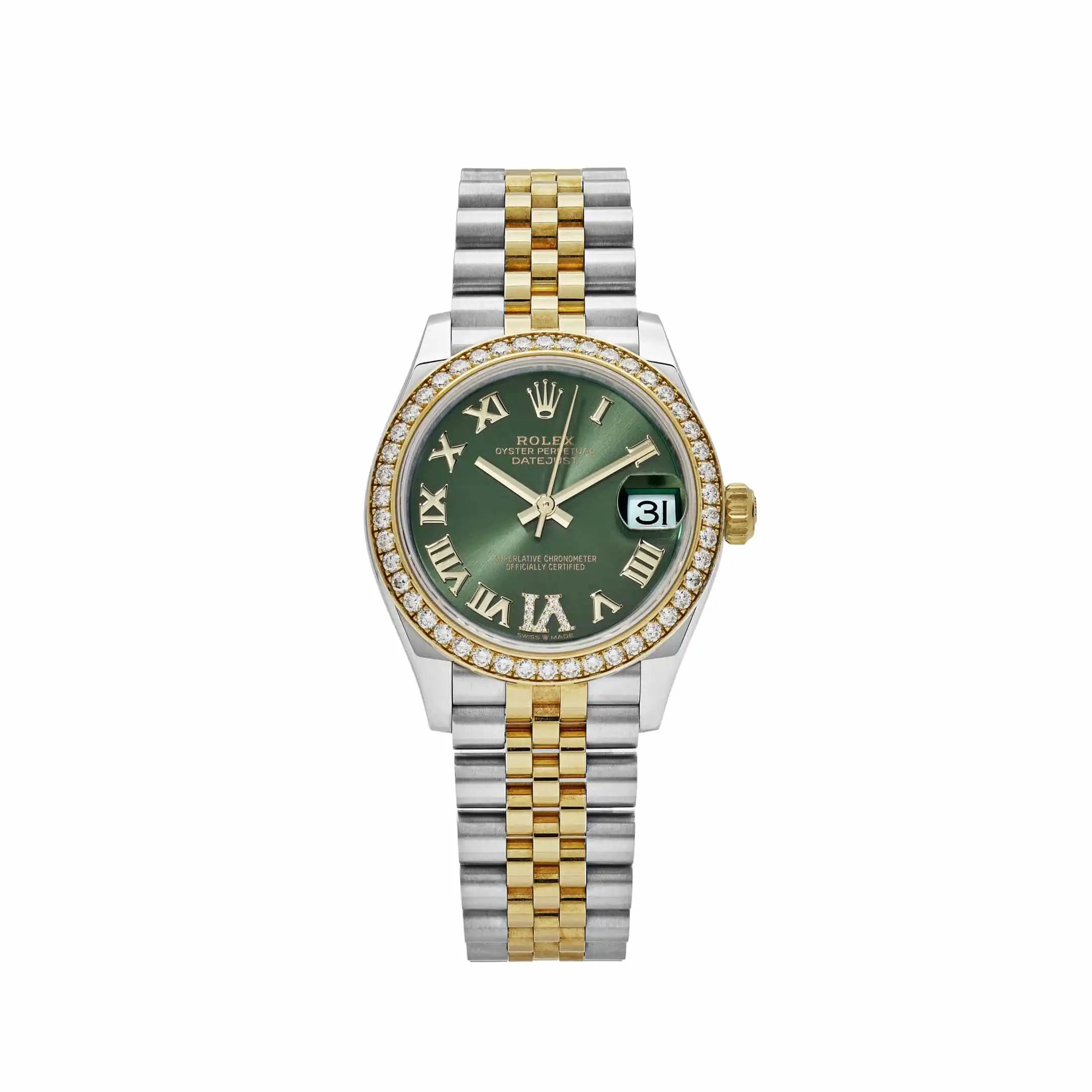 ilpim32vwsd.webp Rolex Datejust Replica 278383RBR 'Ladies' Yellow Gold Stainless Steel Green Roman Dial Diamond Bezel - Image 1