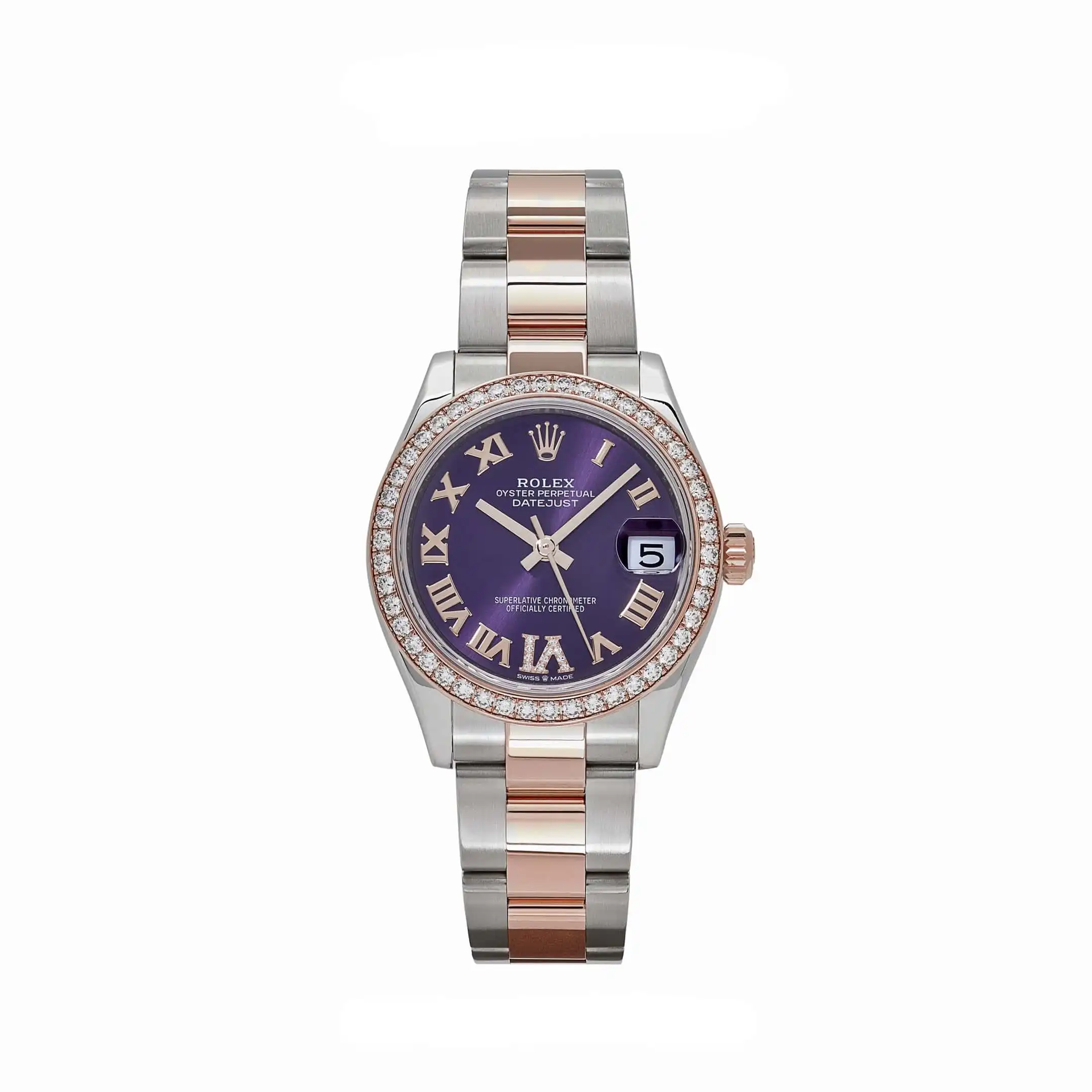 mlexrlnw3i5.webp Rolex Datejust Replica 278381RBR 'Ladies' Stainless Steel Rose Gold Aubergine Purple Dial Diamond Bezel Oyster - Image 1