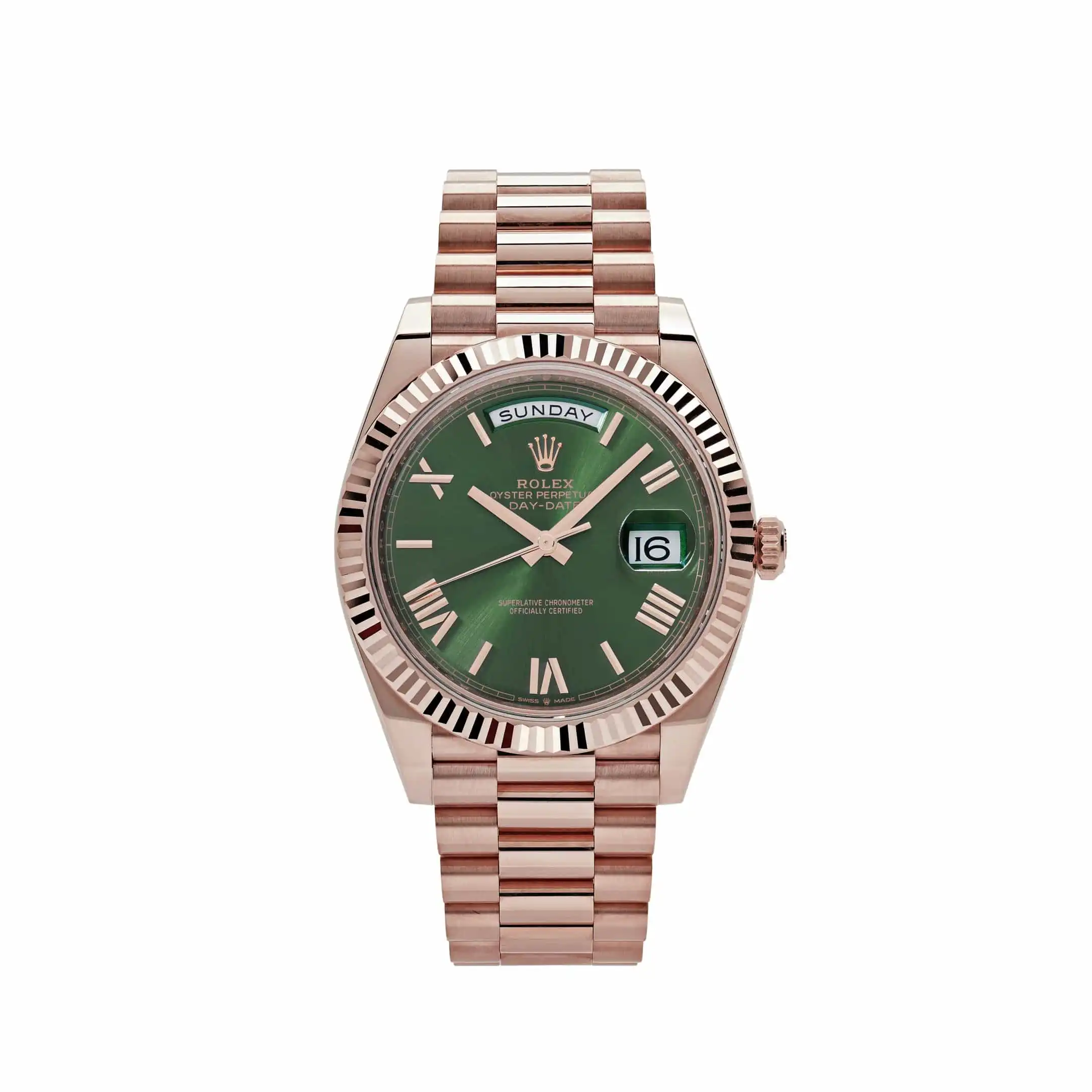 o2p5dmmnv4t.webp Replica Rolex Day-Date 228235 Rose Gold Olive Green Dial - Image 1