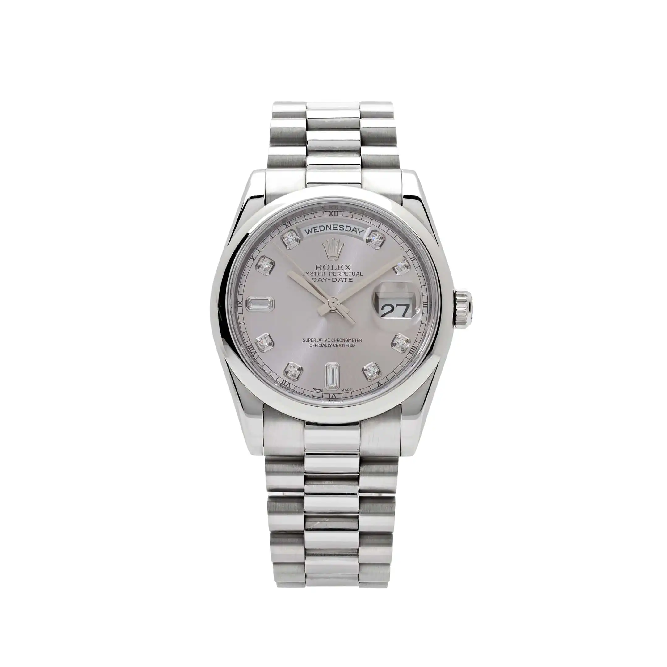mqdnfbruvvv.webp Replica Rolex Day-Date 鈦?18206 Platinum Silver Diamond Dial - Image 1
