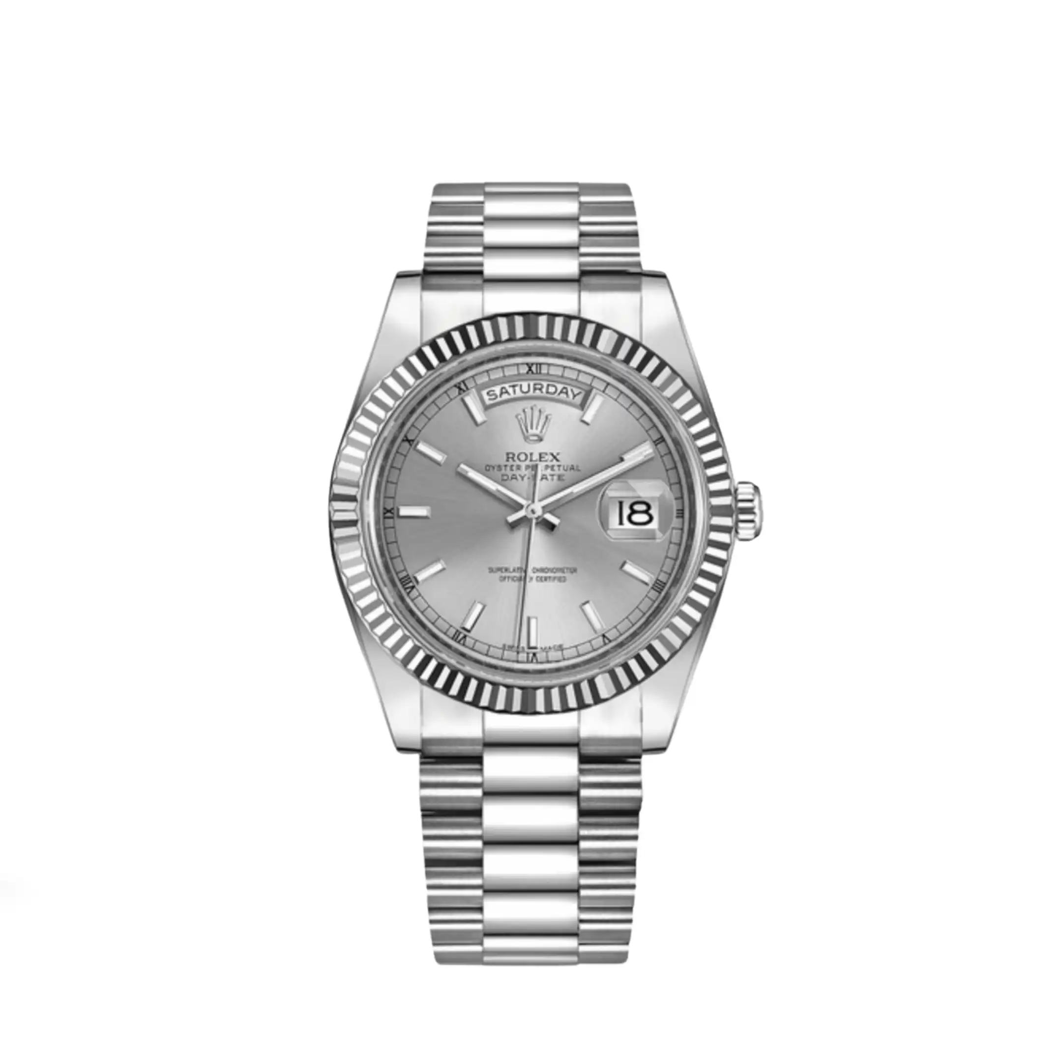 xhqnwltkqhm.webp Replica Rolex Day-Date II 218239 White Gold Silver Dial - Image 1
