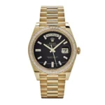 Replica Rolex Day-Date 228398TBR Yellow Gold Onyx Baguette Diamond Dial Baguette Bezel