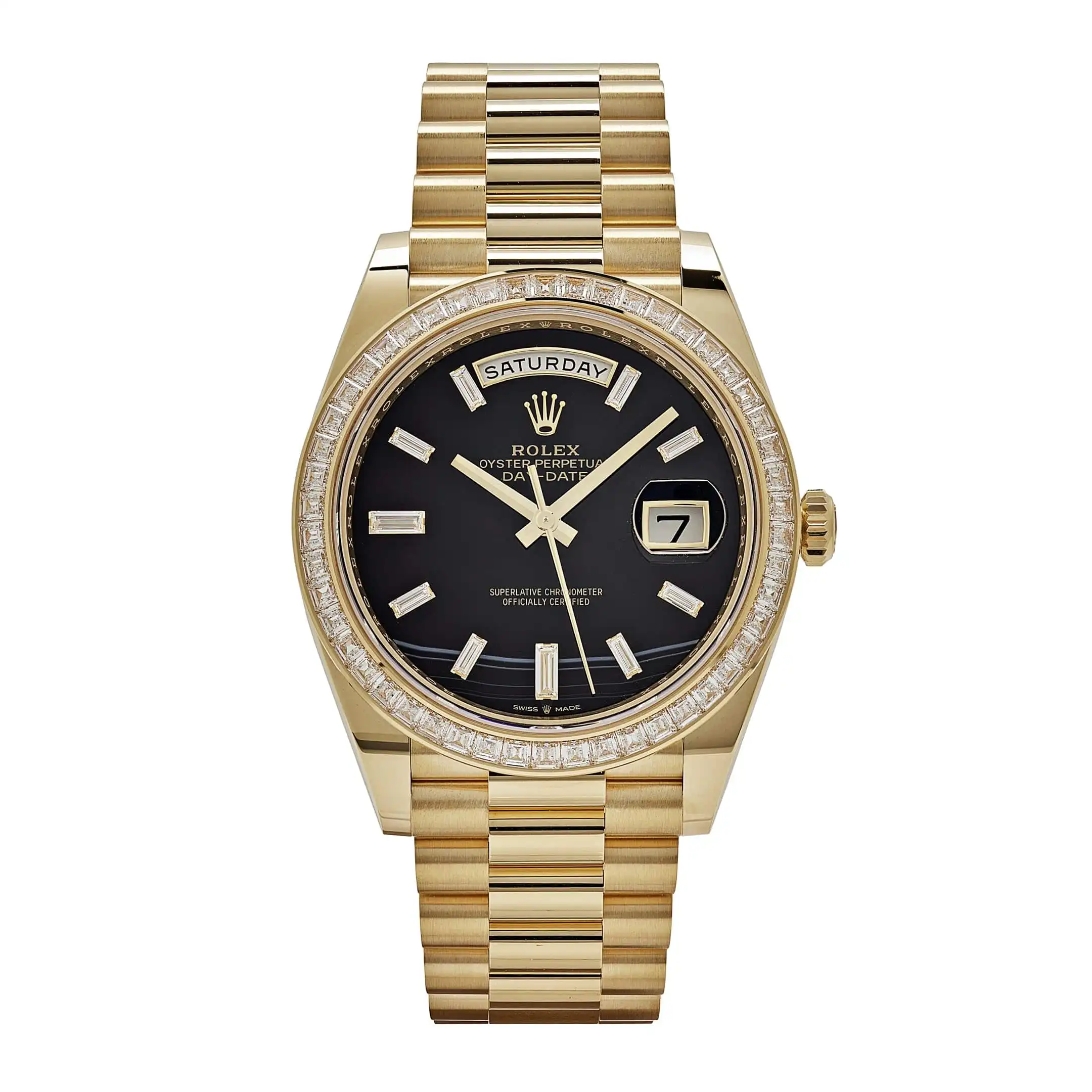 3ky31mommrn.webp Replica Rolex Day-Date 228398TBR Yellow Gold Onyx Baguette Diamond Dial Baguette Bezel - Image 1