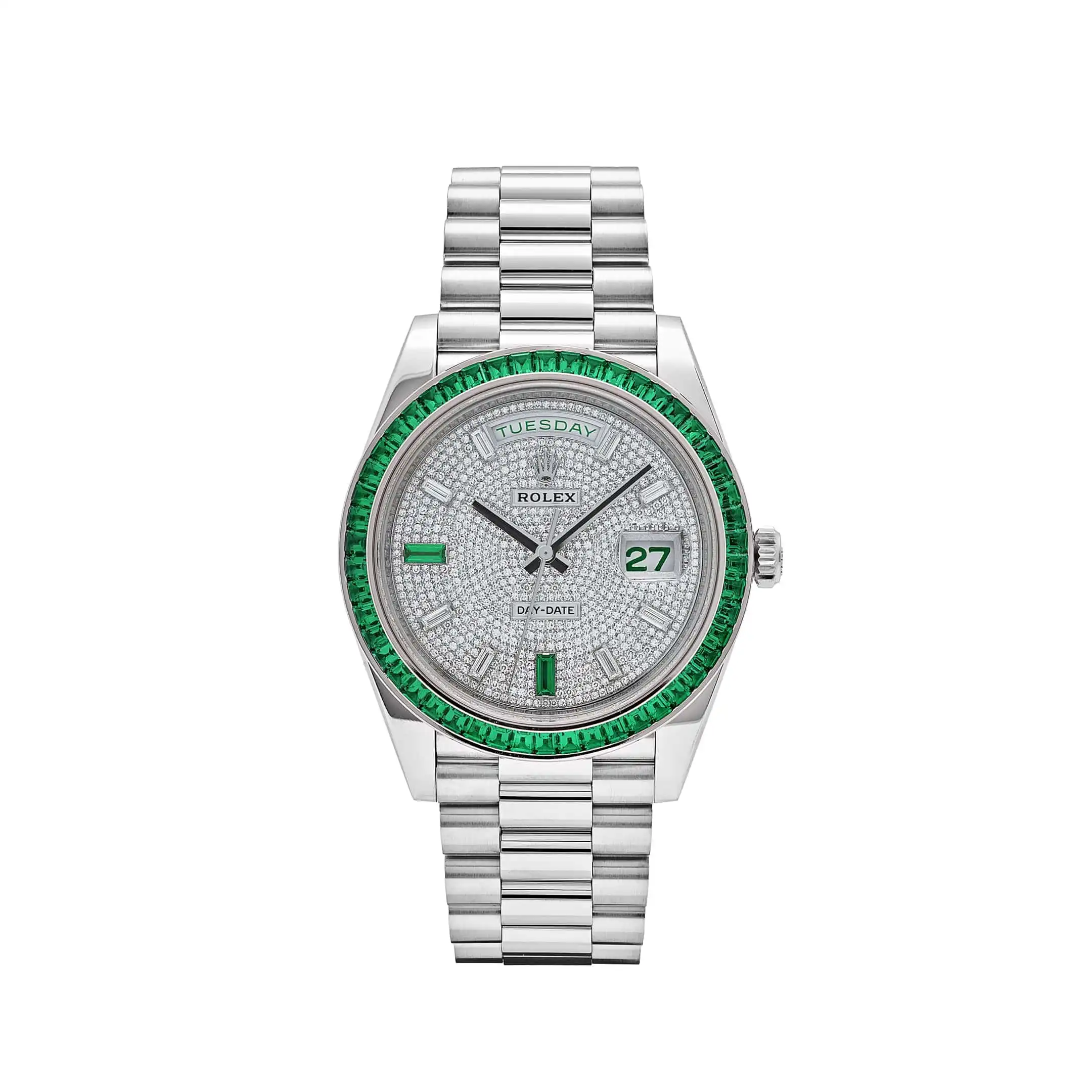 1ysb1aim4ps.webp Replica Rolex Day-Date 228396TEM Platinum Diamond Dial Emerald Bezel - Image 1