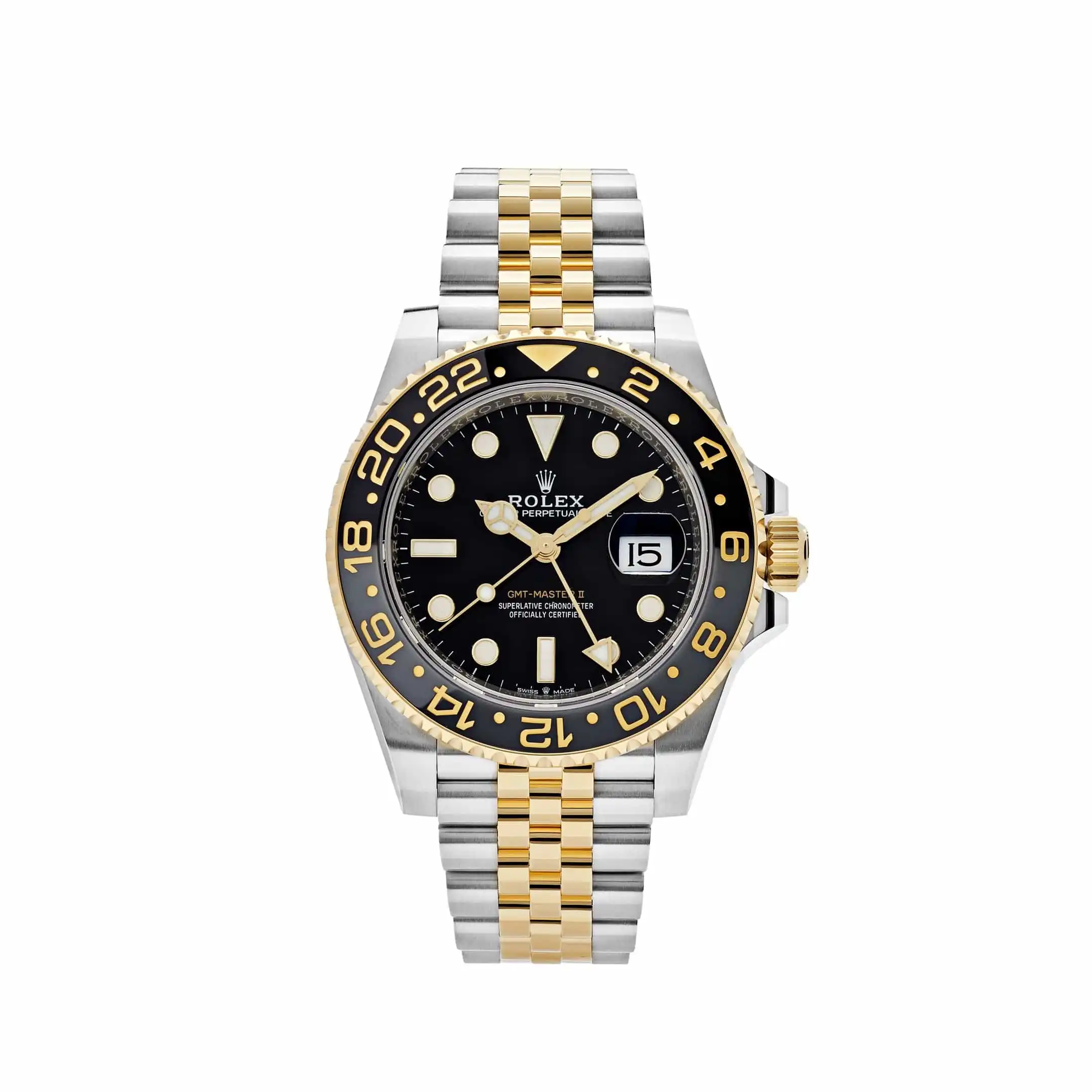 mtxmph1ss3y.webp Rolex GMT-Master II Replica 126713GRNR Stainless Steel Yellow Gold Black Dial Jubilee - Image 1