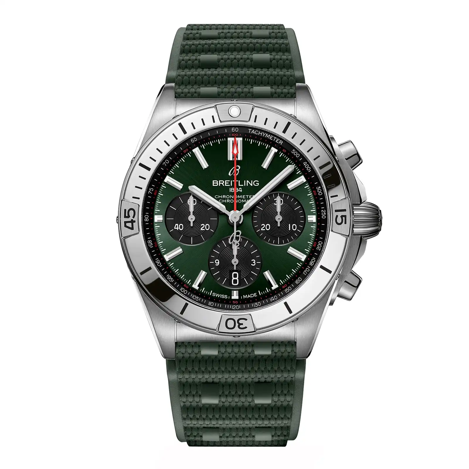 pzkptmqq12w.webp Replica Breitling Chronomat B01 Chronograph 42mm Mens Green Rubber AB0134101L2S1 - Image 1