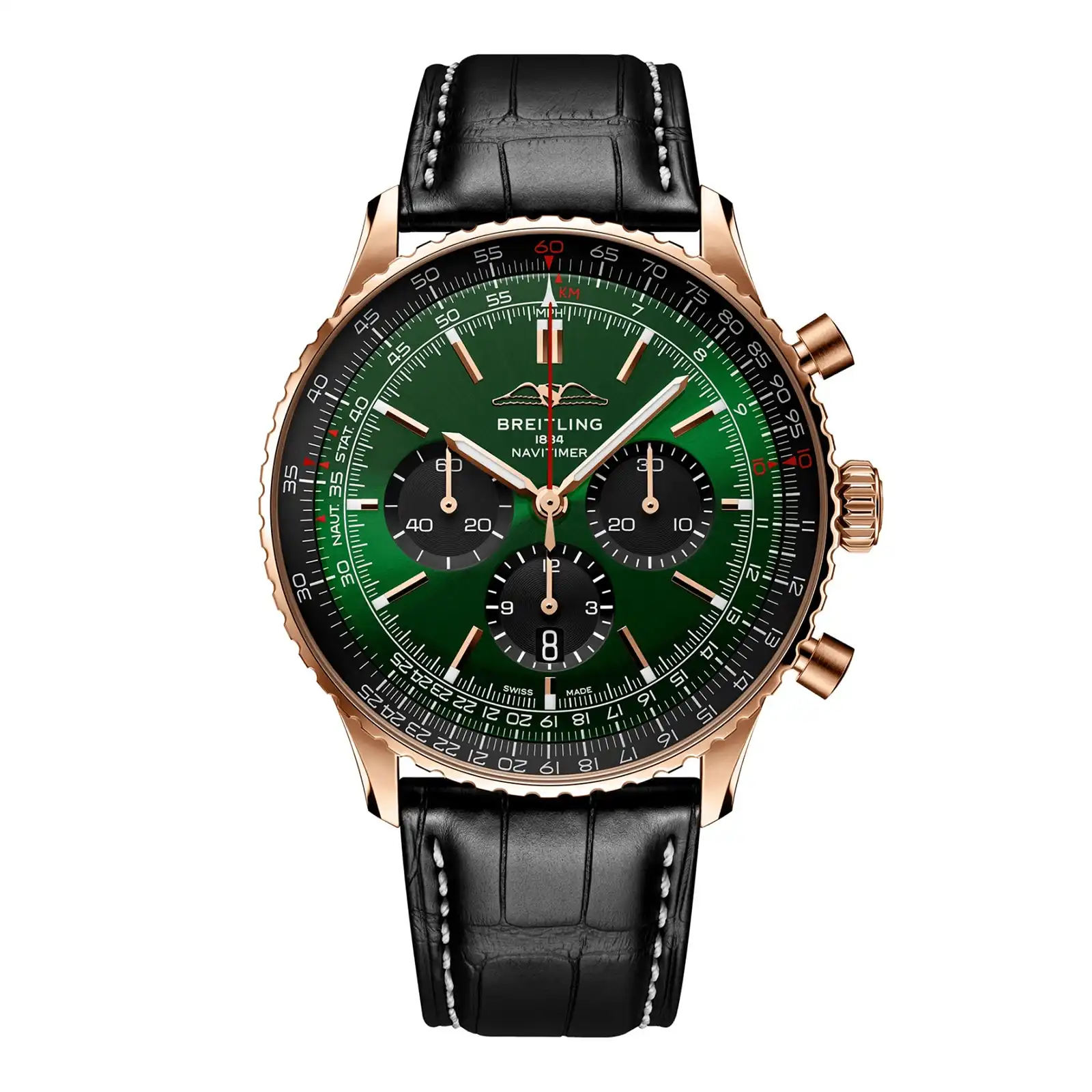 xdthooyyxxr.webp Replica Breitling Navitimer Chronograph 18ct Rose Gold 46mm Mens Green Alligator RB0137241L1P1 - Image 1