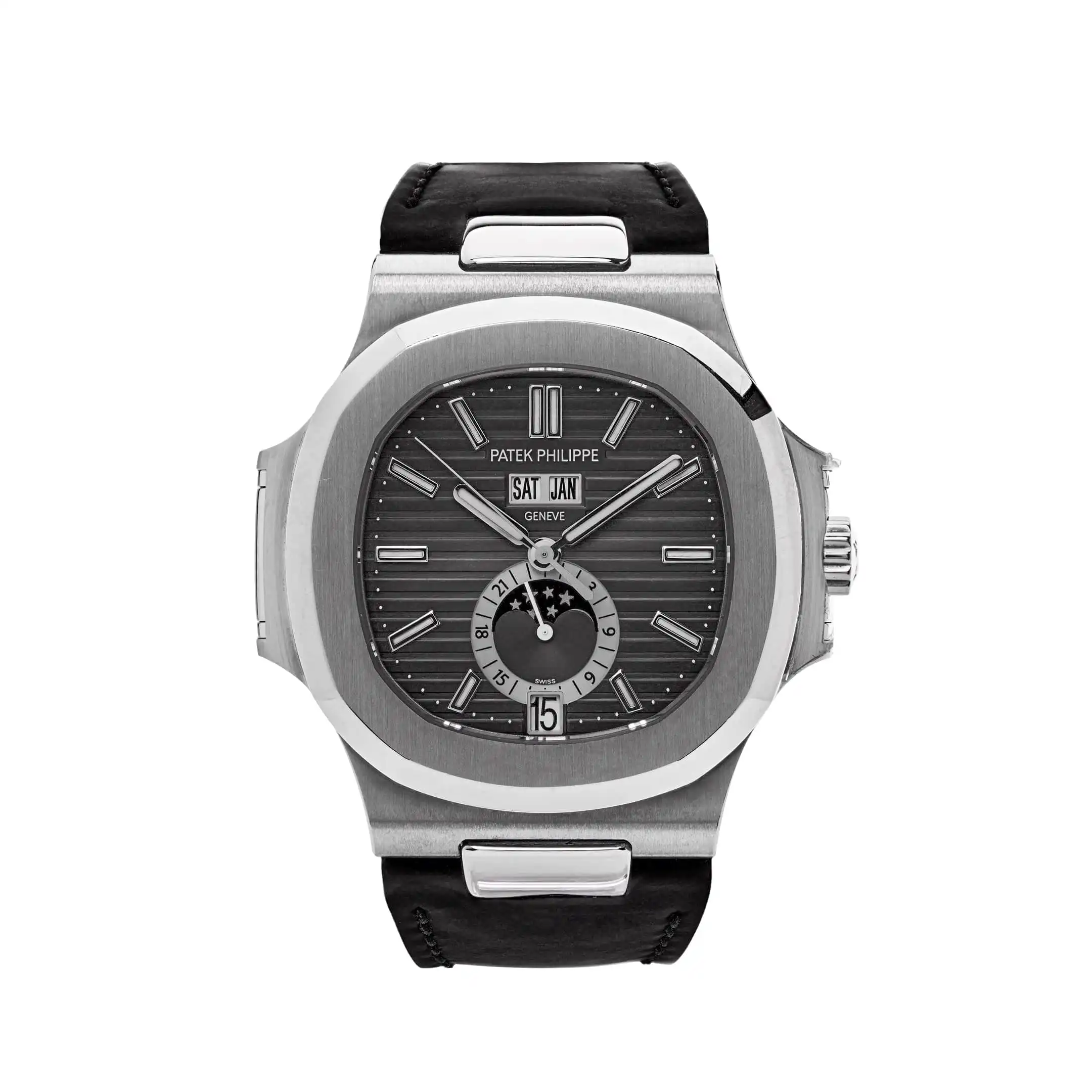 s5nvwewtxdo.webp Replica Patek Philippe Nautilus 5726A-001 Annual Calendar Moon Phases Stainless Steel Black Dial - Image 1
