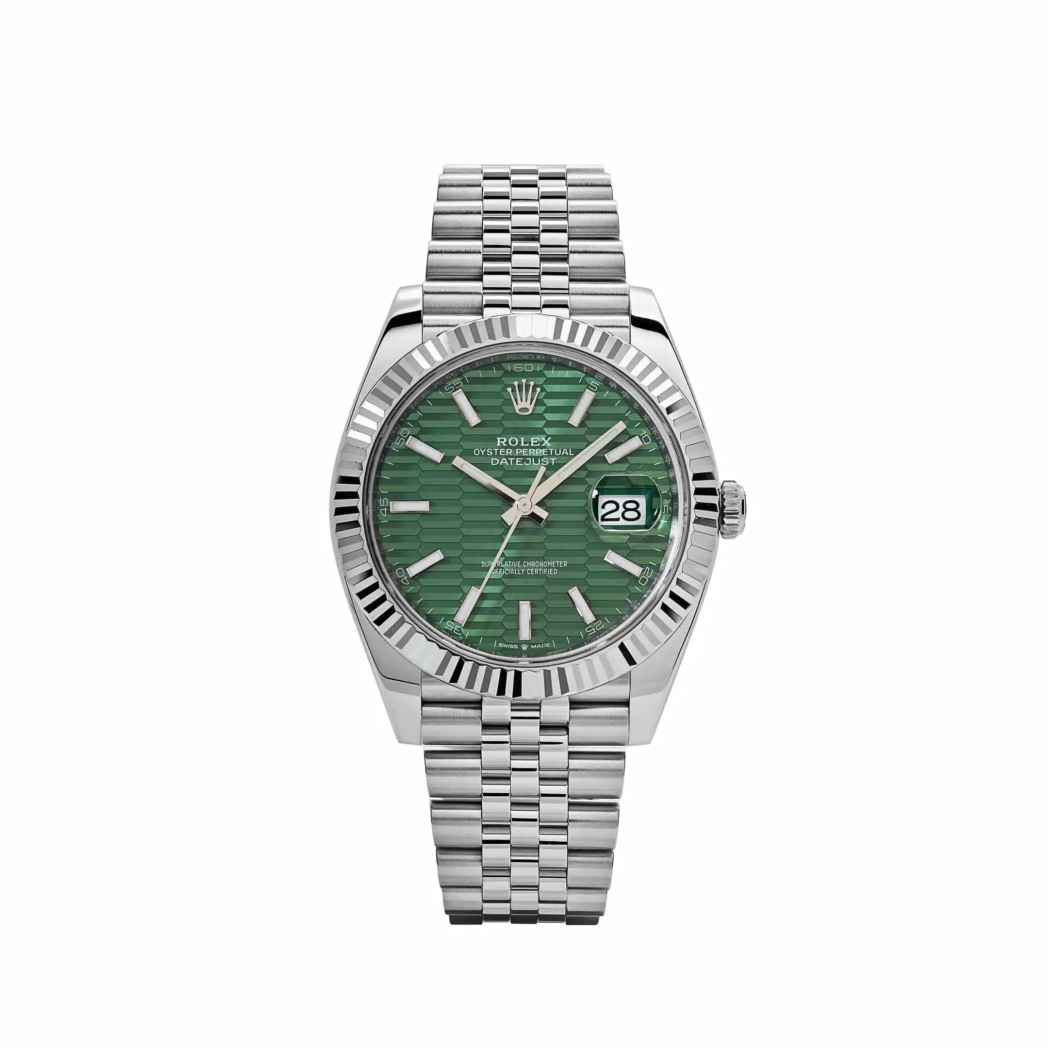 sxbyb315tcy.webp Rolex Datejust Replica 126334 Stainless Steel Fluted Motif Green Dial Jubilee - Image 1