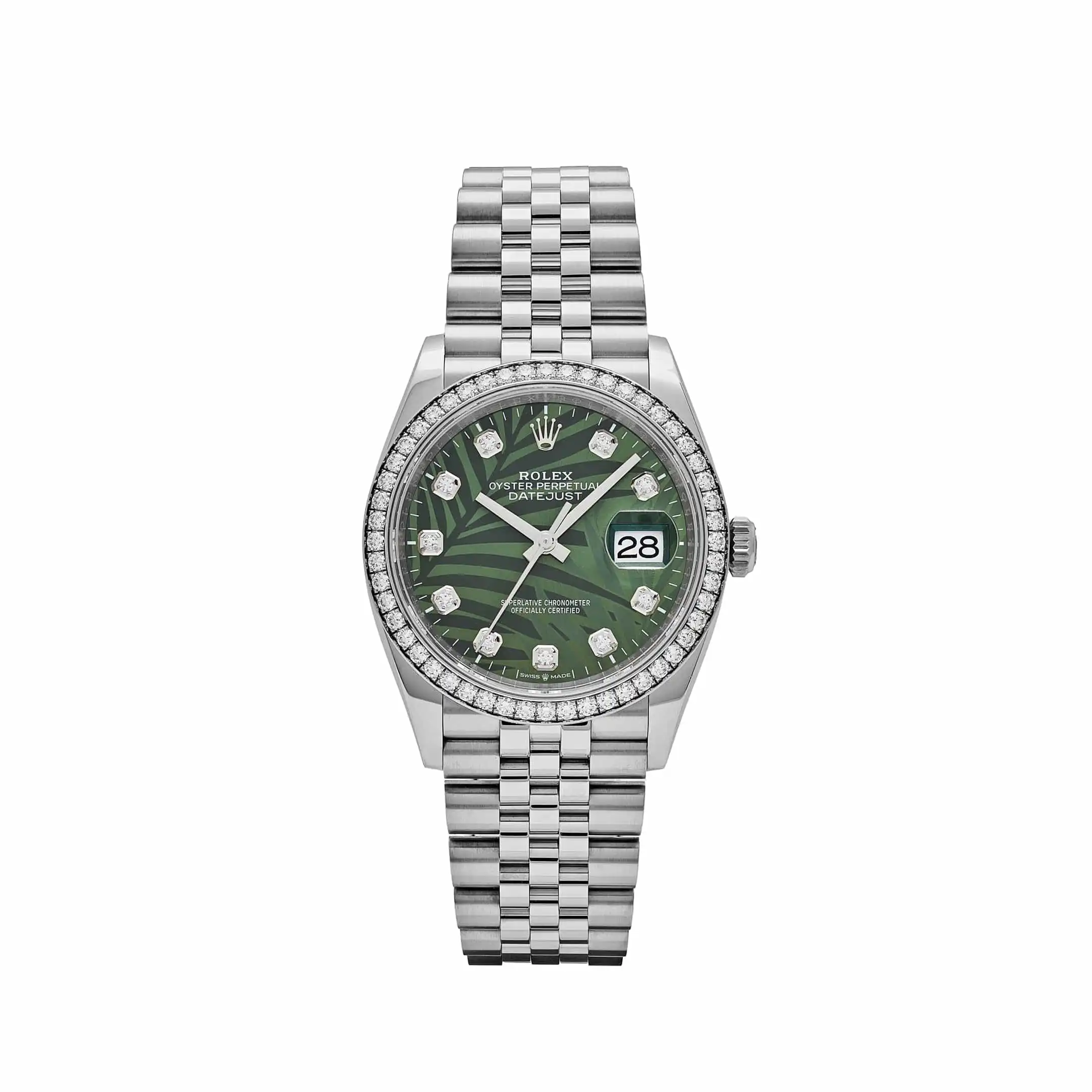 vfzgizcdtfm.webp Rolex Datejust Replica 126284RBR Stainless Steel Green Palm Frond Diamond Dial - Image 1