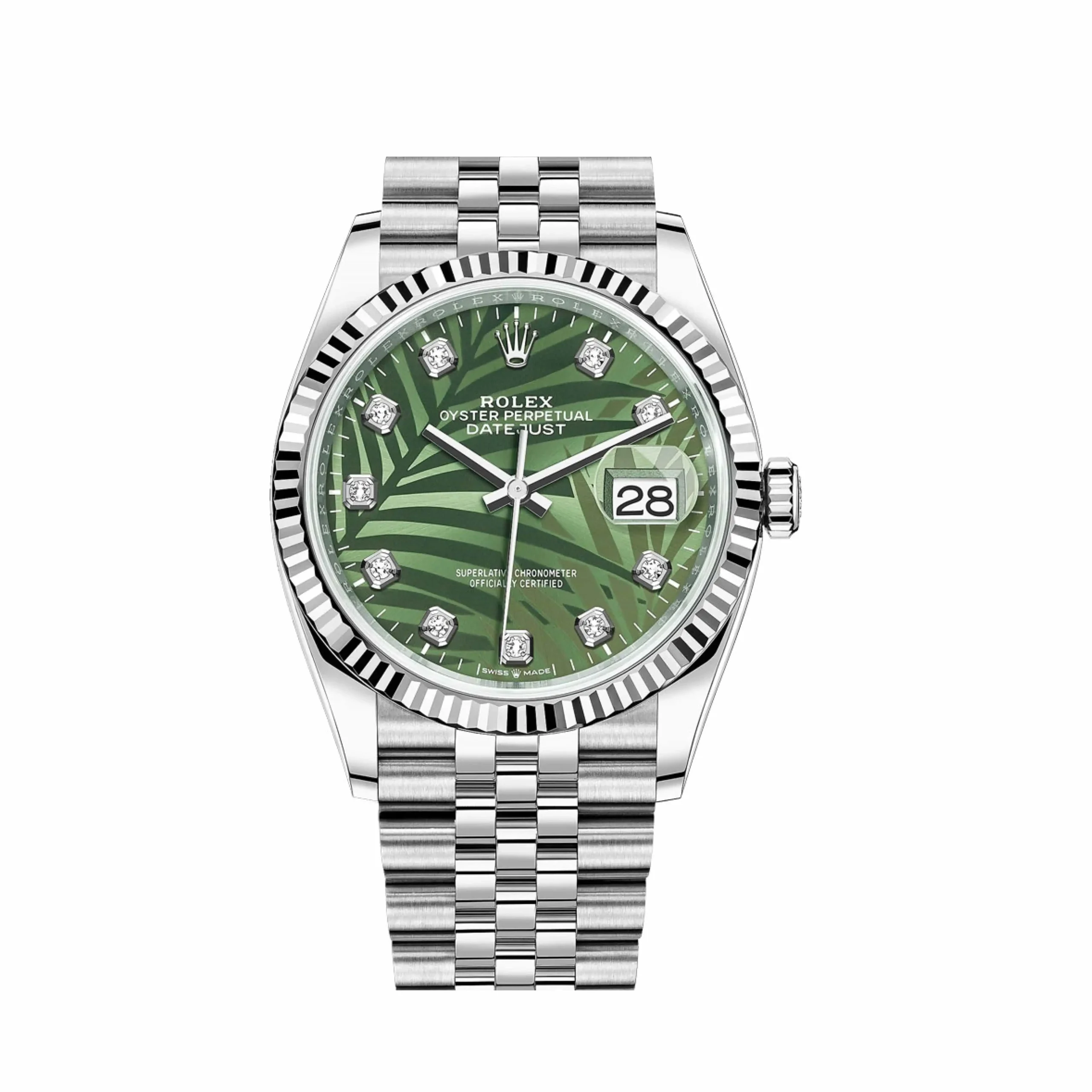 zoc4g0ikbwi.webp Rolex Datejust Replica 126234 White Gold Stainless Steel Palm Motif Diamond Dial Jubilee - Image 1