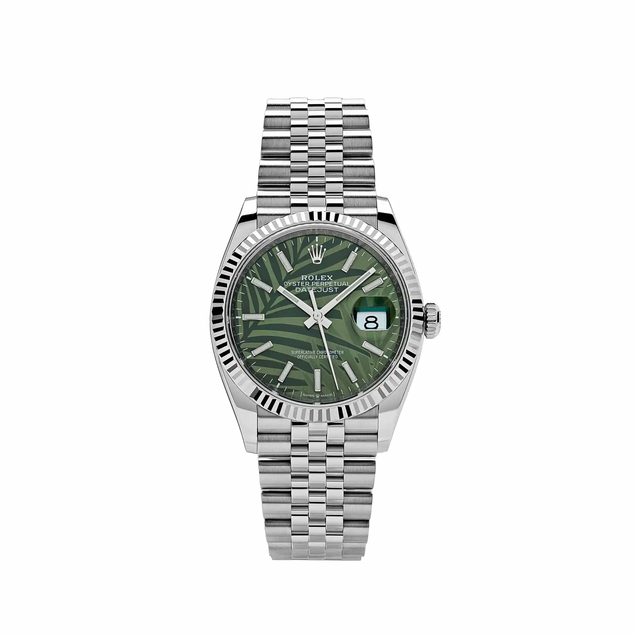 lx1xs2xbqvq.webp Rolex Datejust Replica 126234 White Gold Stainless Steel Olive Green Palm Moti - Image 1