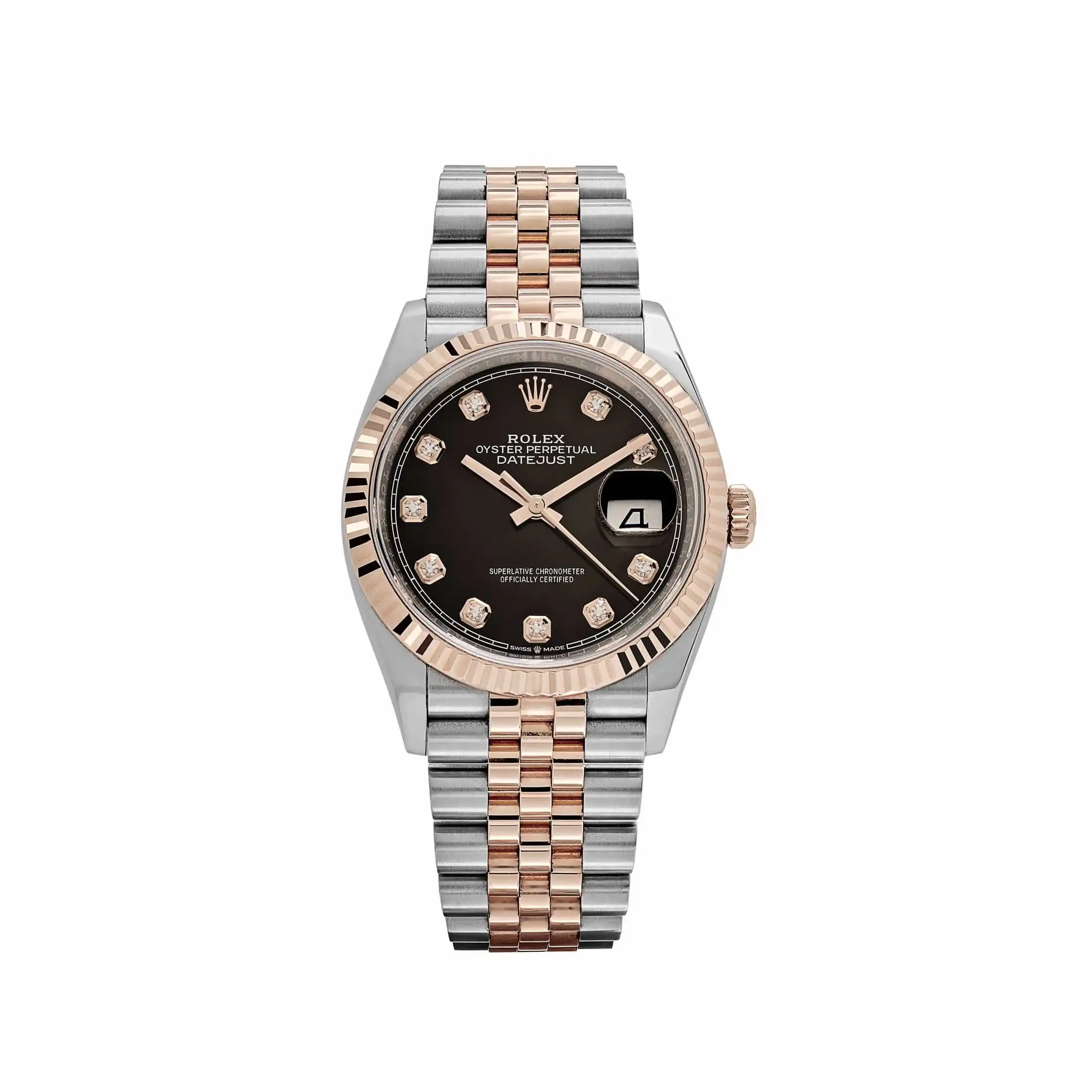 at00ynmcogb.webp Rolex Datejust Replica 126231 Rose Gold Stainless Steel Black Diamond Dial - Image 1