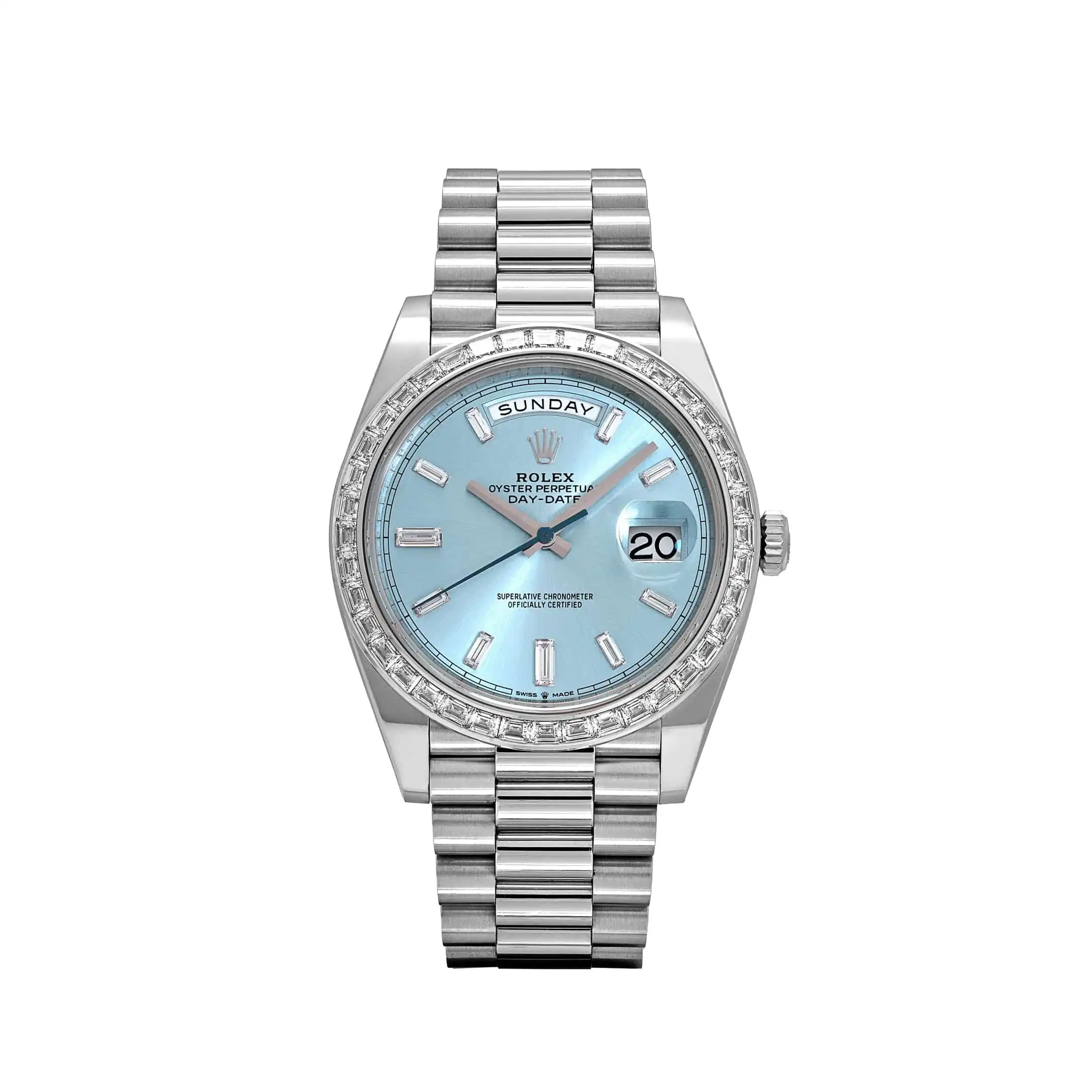 kjf1mrrfgjn.webp Replica Rolex Day-Date 228396TBR Platinum Diamond Bezel Ice Blue Diamond Dial - Image 1