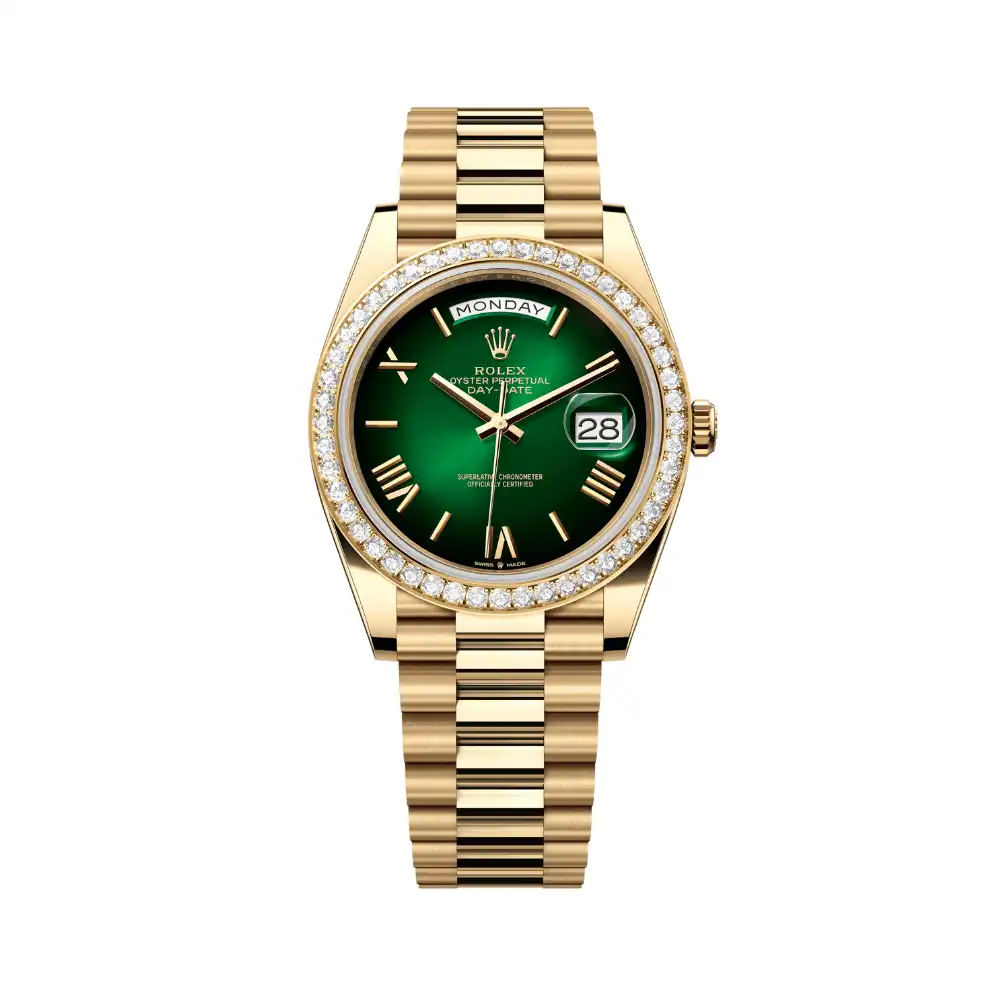 fmskrhzdhyz.webp Replica Rolex Day-Date 228348RBR Yellow Gold Green Ombre Roman Numeral Dial Diamond Bezel - Image 1
