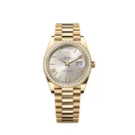 Replica Rolex Day-Date 228348RBR Yellow Gold Diamond Bezel Silver Dial