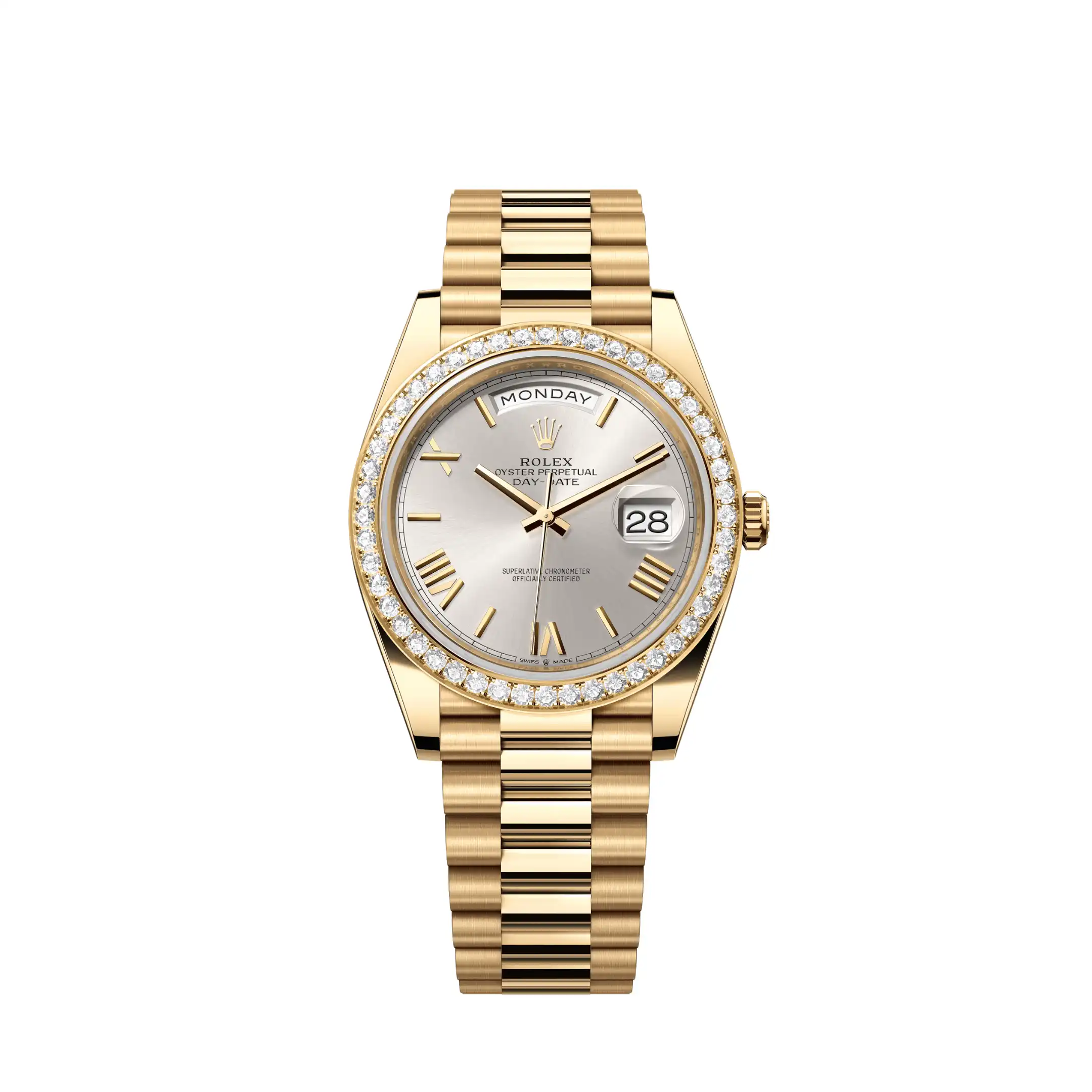fey1ozxo15x.webp Replica Rolex Day-Date 228348RBR Yellow Gold Diamond Bezel Silver Dial - Image 1