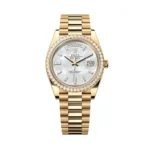 Replica Rolex Day-Date 228348RBR Yellow Gold Diamond Bezel Baguette Mother of Pearl Dial
