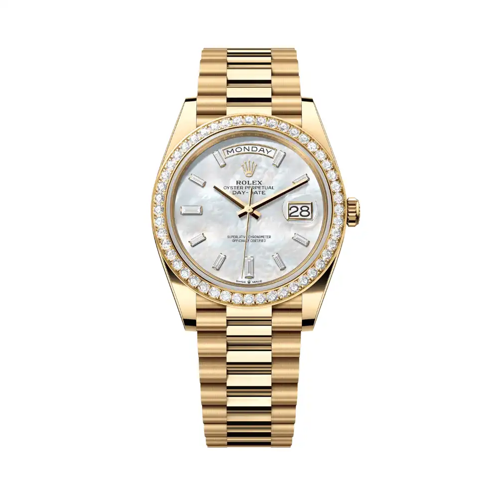 y35zq3f4izy.webp Replica Rolex Day-Date 228348RBR Yellow Gold Diamond Bezel Baguette Mother of Pearl Dial - Image 1