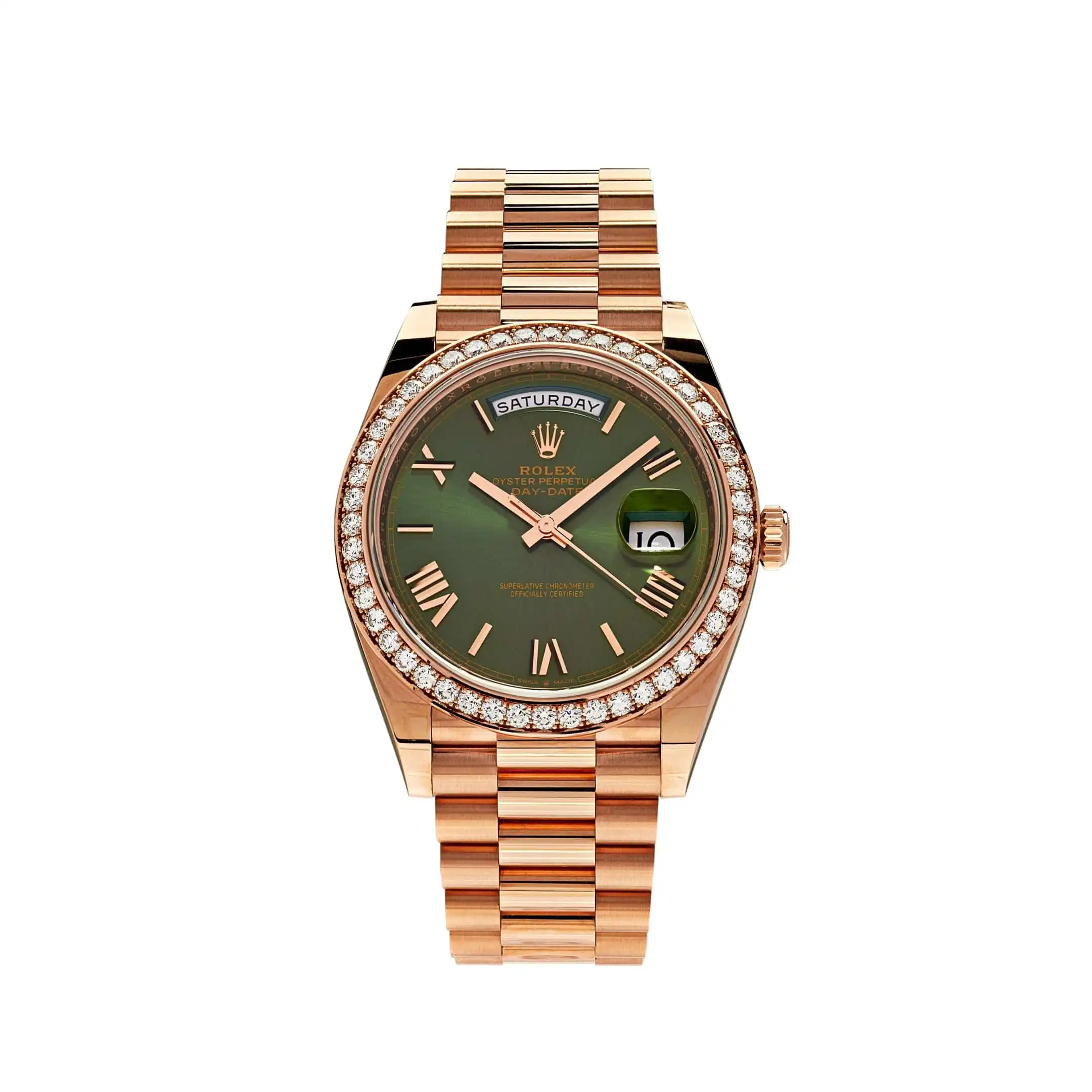 5as5epjp0s5.webp Replica Rolex Day-Date 228345RBR Rose Gold Olive Green Dial Diamond Bezel - Image 1