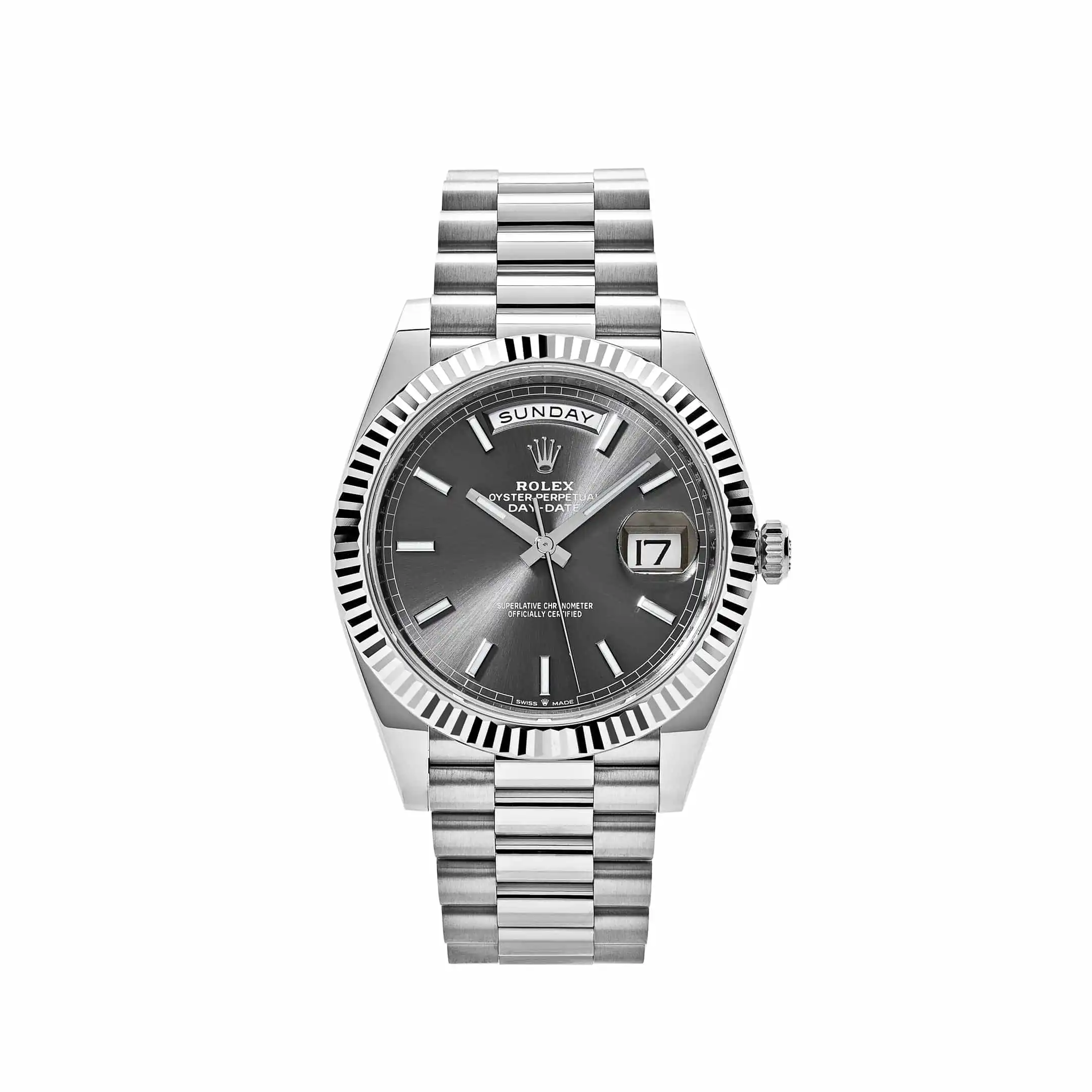 o0dzlthghwl.webp Replica Rolex Day-Date 228239 White Gold Slate Rhodium Grey Dial - Image 1