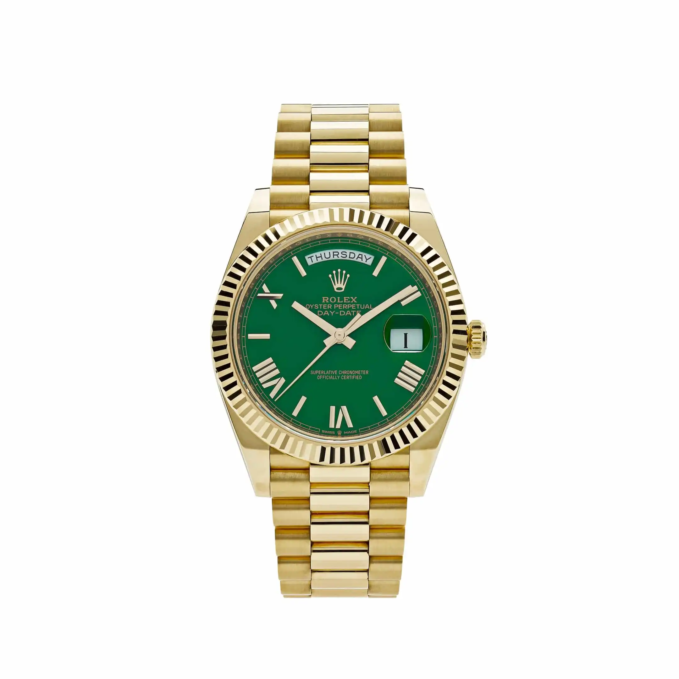 gav2dq0ieko.webp Replica Rolex Day-Date 228238 Yellow Gold Green Roman Numerals Dial - Image 1