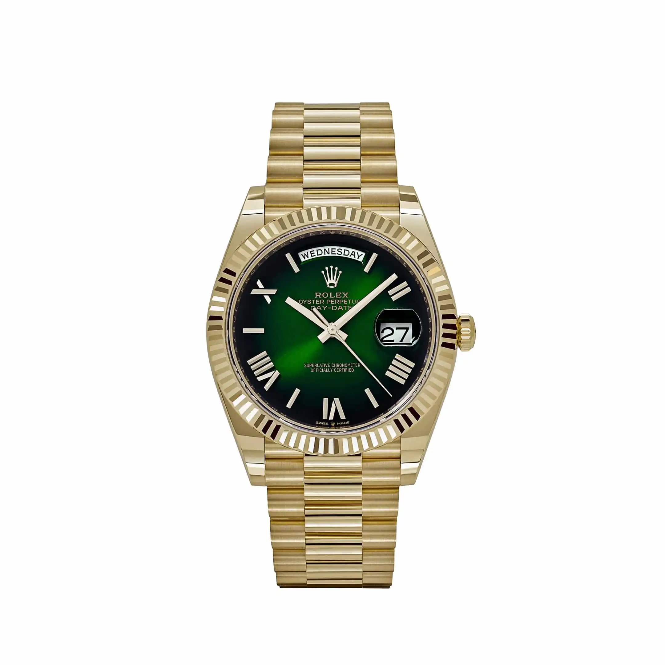 tcf1nddffn4.webp Replica Rolex Day-Date 228238 Yellow Gold Green Ombre Roman Numeral Dial - Image 1