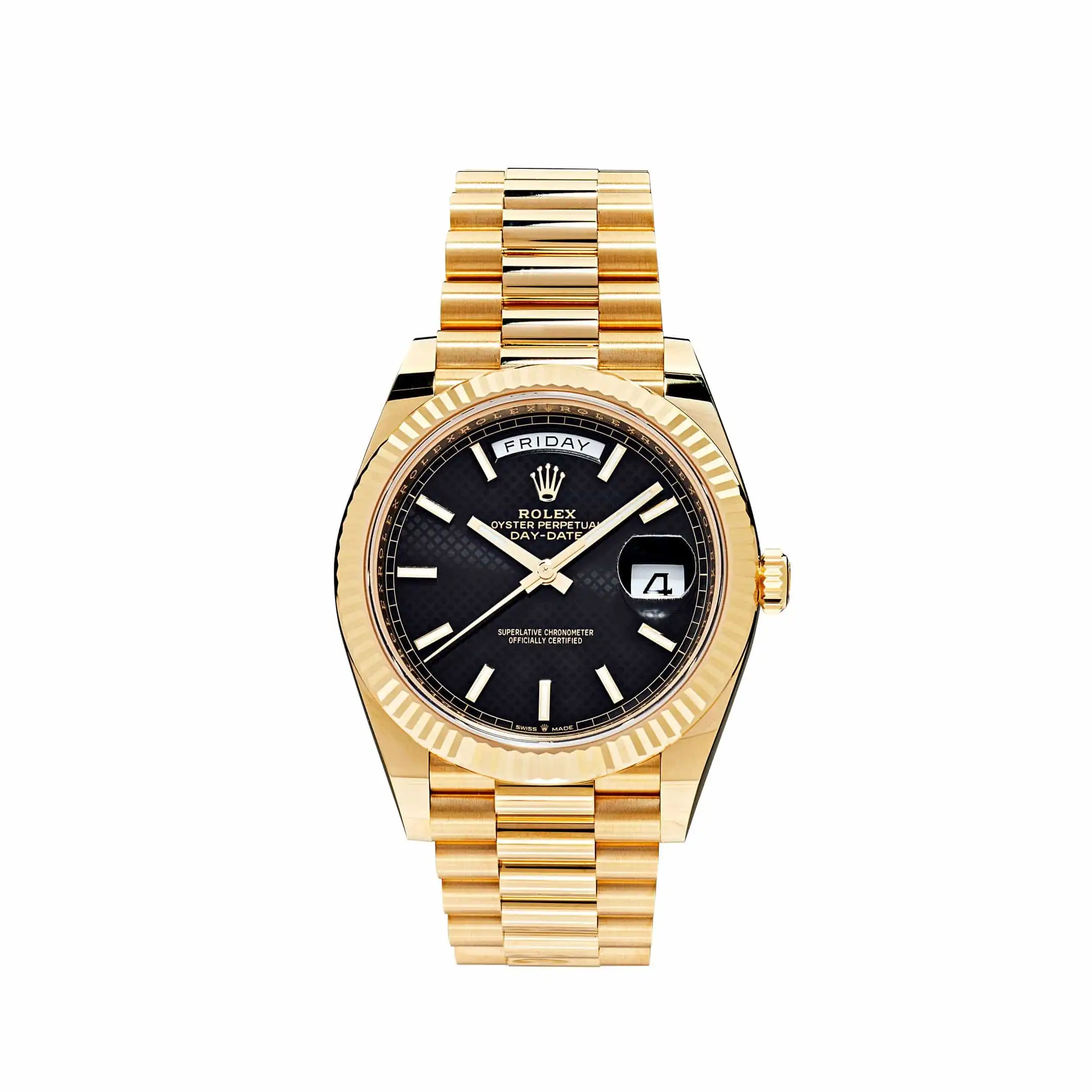 zxvk2mhawaq.webp Replica Rolex Day-Date 228238 Yellow Gold Black Diagonal Motif Dial - Image 1
