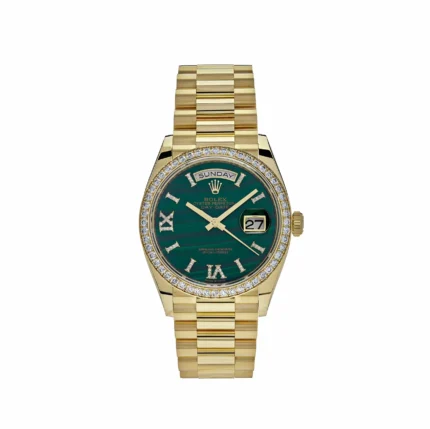 Replica Rolex Day-Date 128348RBR Yellow Gold Green Malachite Dial Diamond Beze
