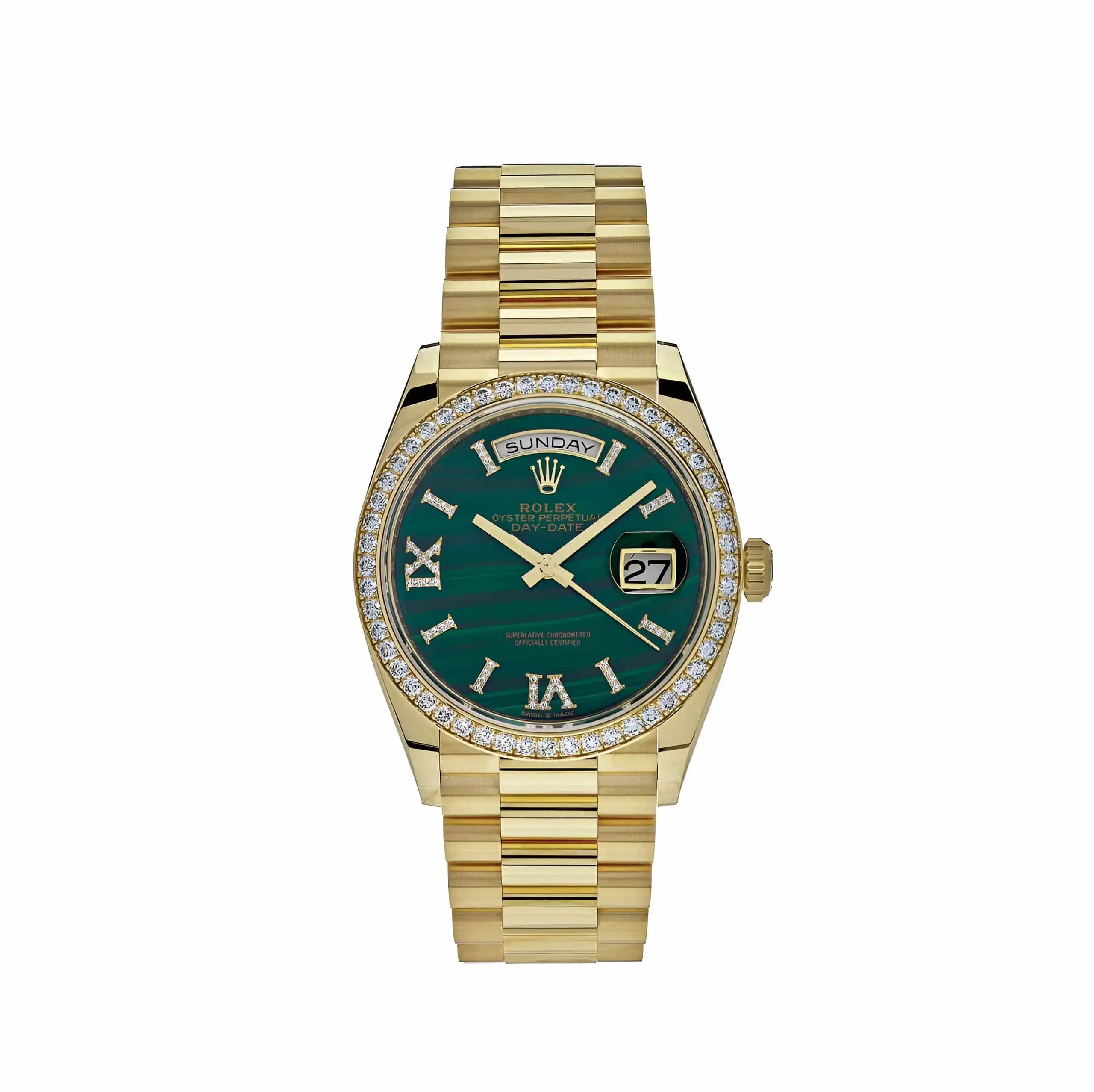 nzwtkypcrsl.webp Replica Rolex Day-Date 128348RBR Yellow Gold Green Malachite Dial Diamond Beze - Image 1