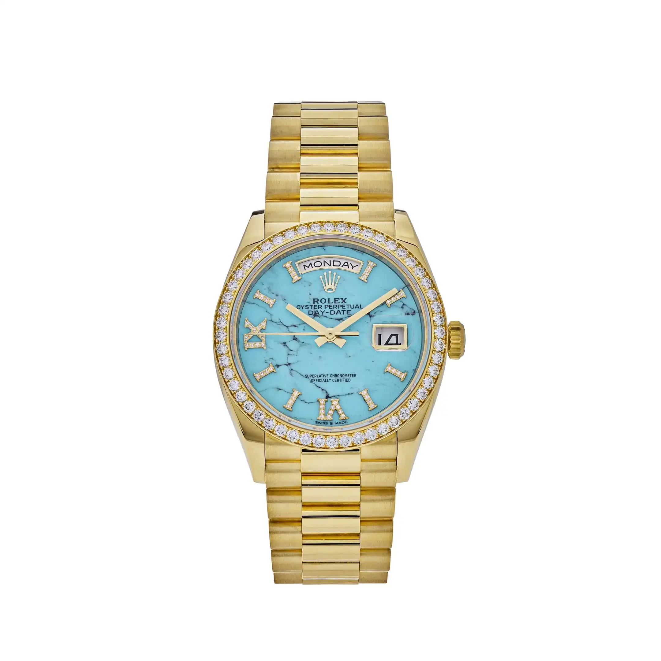 jzxox050fqf.webp Replica Rolex Day-Date 128348RBR Yellow Gold Diamond Bezel Turquoise Diamond Dial - Image 1