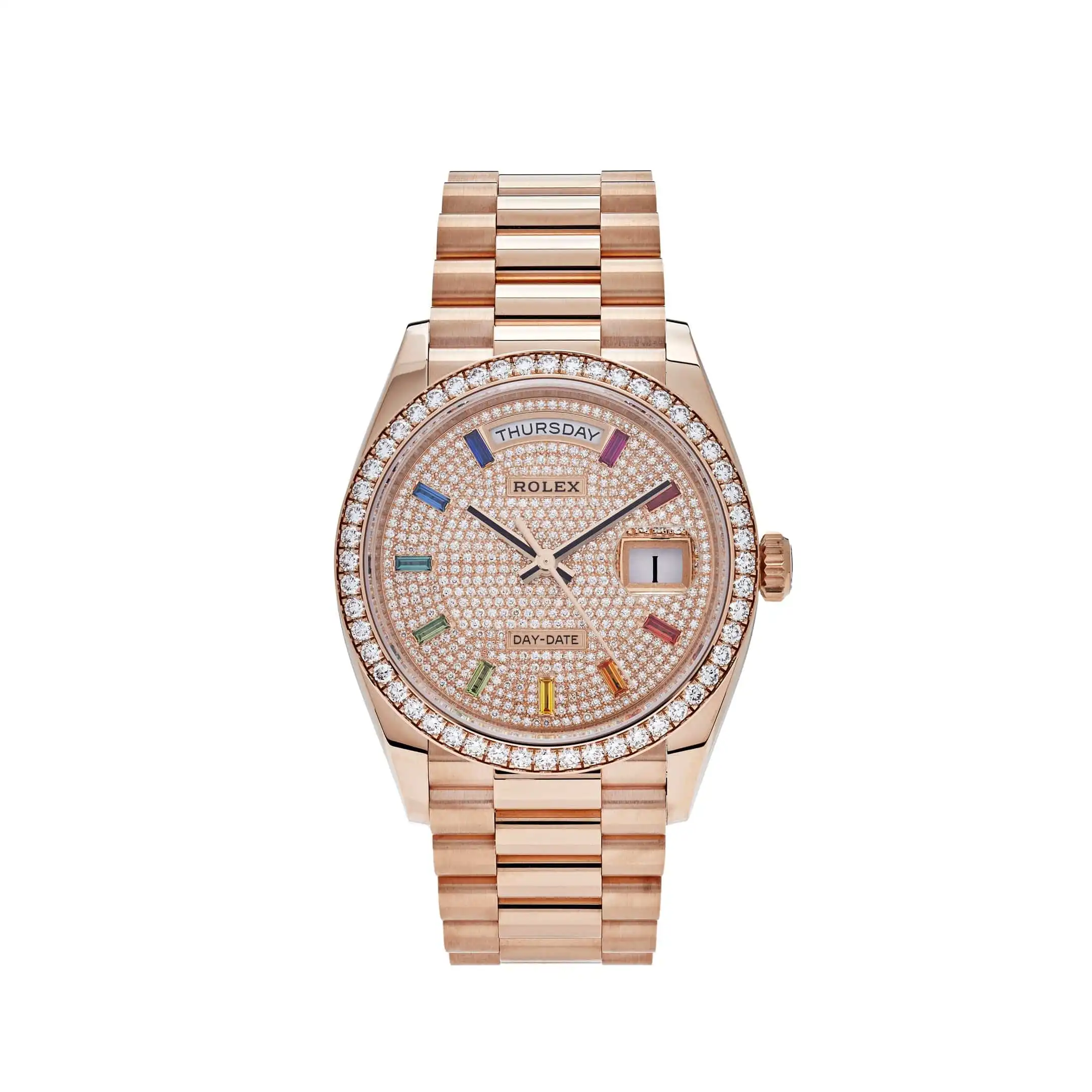 f5wgwdloigq.webp Replica Rolex Day-Date 128345RBR Rose Gold Rainbow Diamond Pave Dial - Image 1