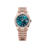 Replica Rolex Day-Date 128345RBR Rose Gold Diamond Bezel Blue-Green Baguette Marker Dial