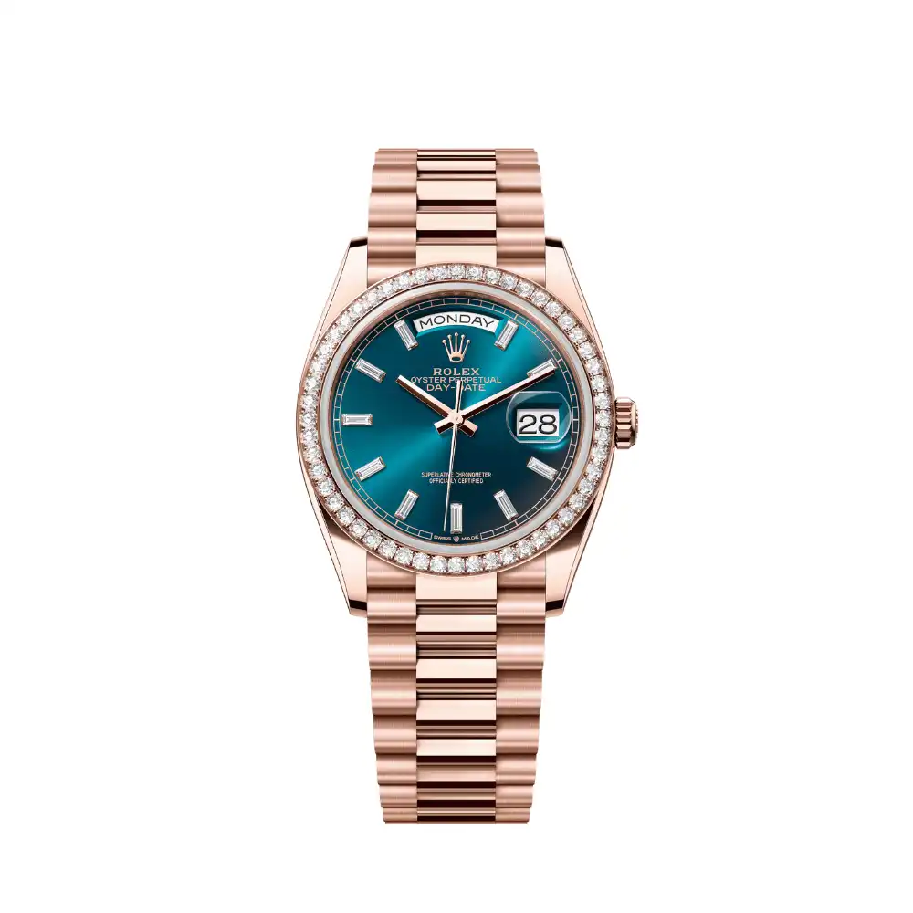 ofv0wt12uwq.webp Replica Rolex Day-Date 128345RBR Rose Gold Diamond Bezel Blue-Green Baguette Marker Dial - Image 1