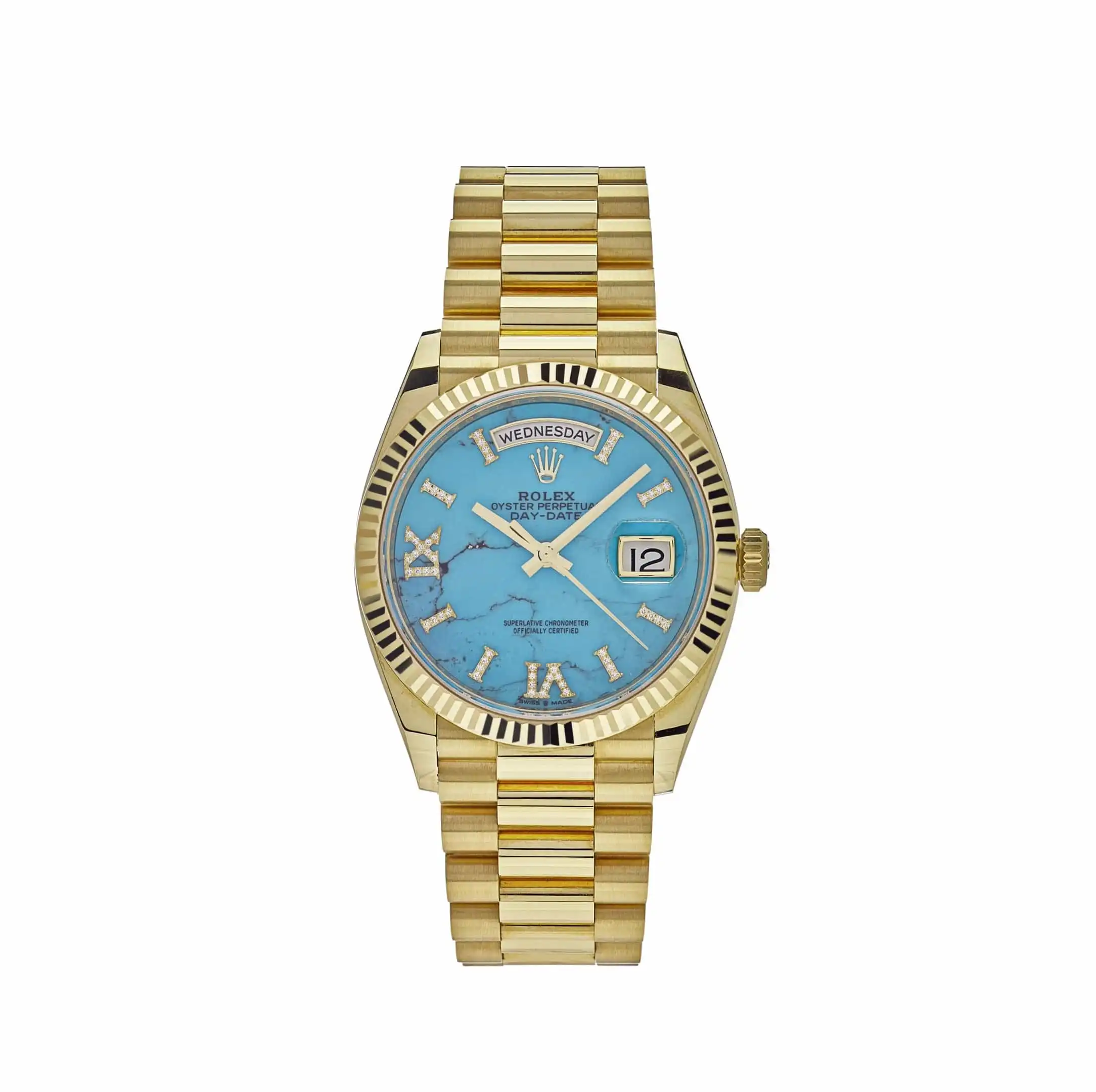 lupwj31cq4a.webp Replica Rolex Day-Date 128238 Yellow Gold Turquoise Diamond Dial - Image 1