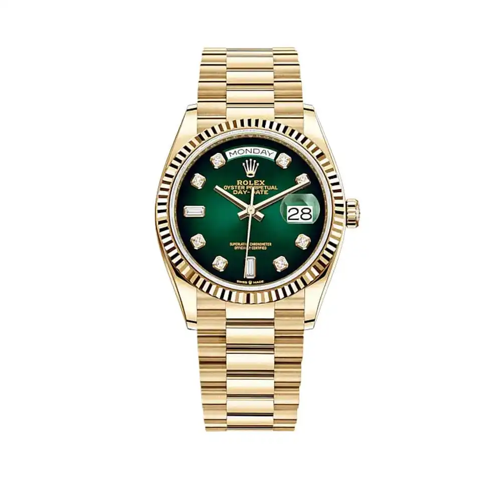 i3zpenlyk3a.webp Replica Rolex Day-Date 128238 Yellow Gold Green Ombre Diamond Dial - Image 1