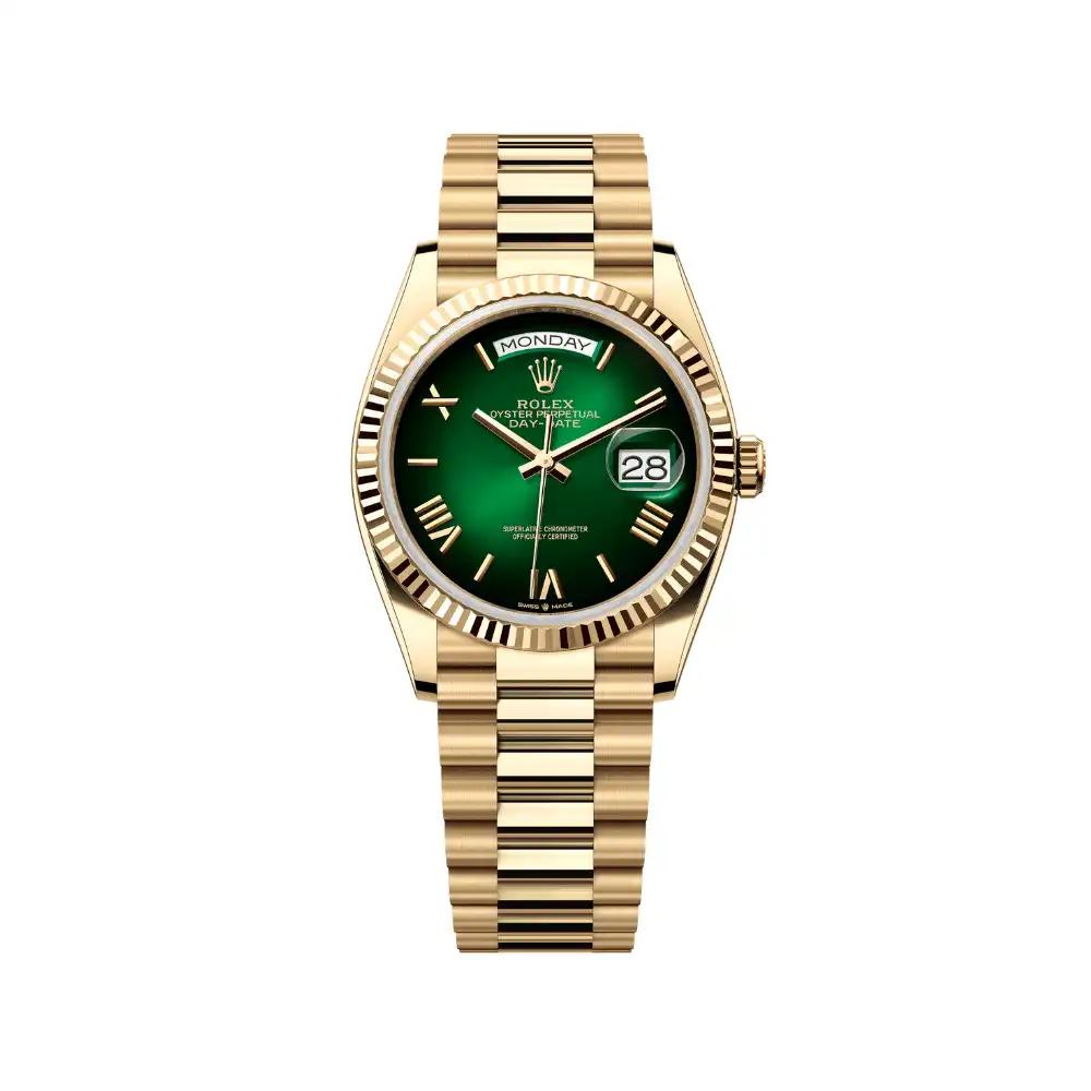 4fb0klpdecp.webp Replica Rolex Day-Date 128238 Yellow Gold Green Ombre Roman Numeral Dial - Image 1
