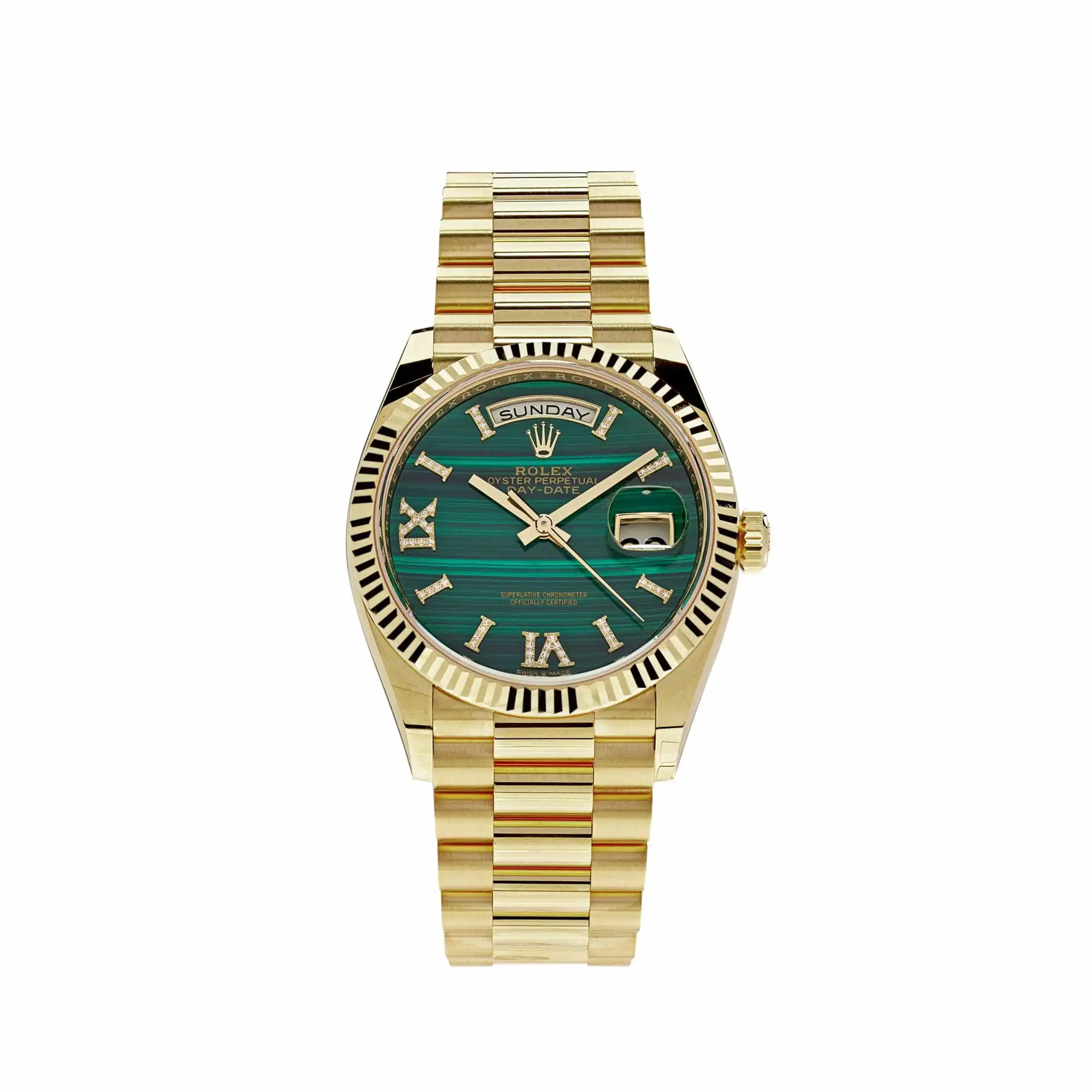 azfv5cr45zj.webp Replica Rolex Day-Date 128238 Yellow Gold Green Malachite Roman Diamond Dial - Image 1