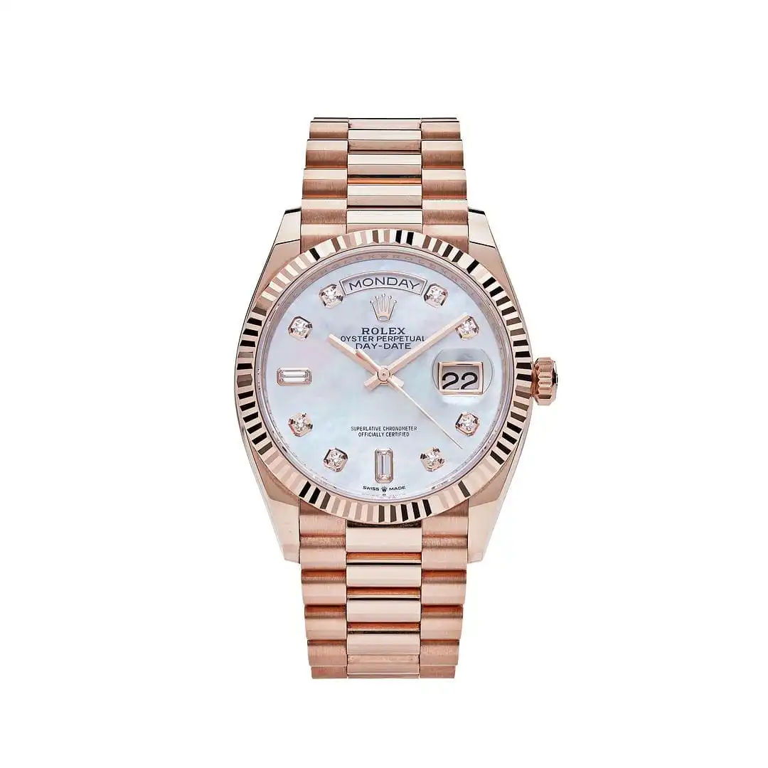 55nhoj1ajen.webp Replica Rolex Day-Date 128235 Rose Gold Mother of Pearl Diamond Dial - Image 1