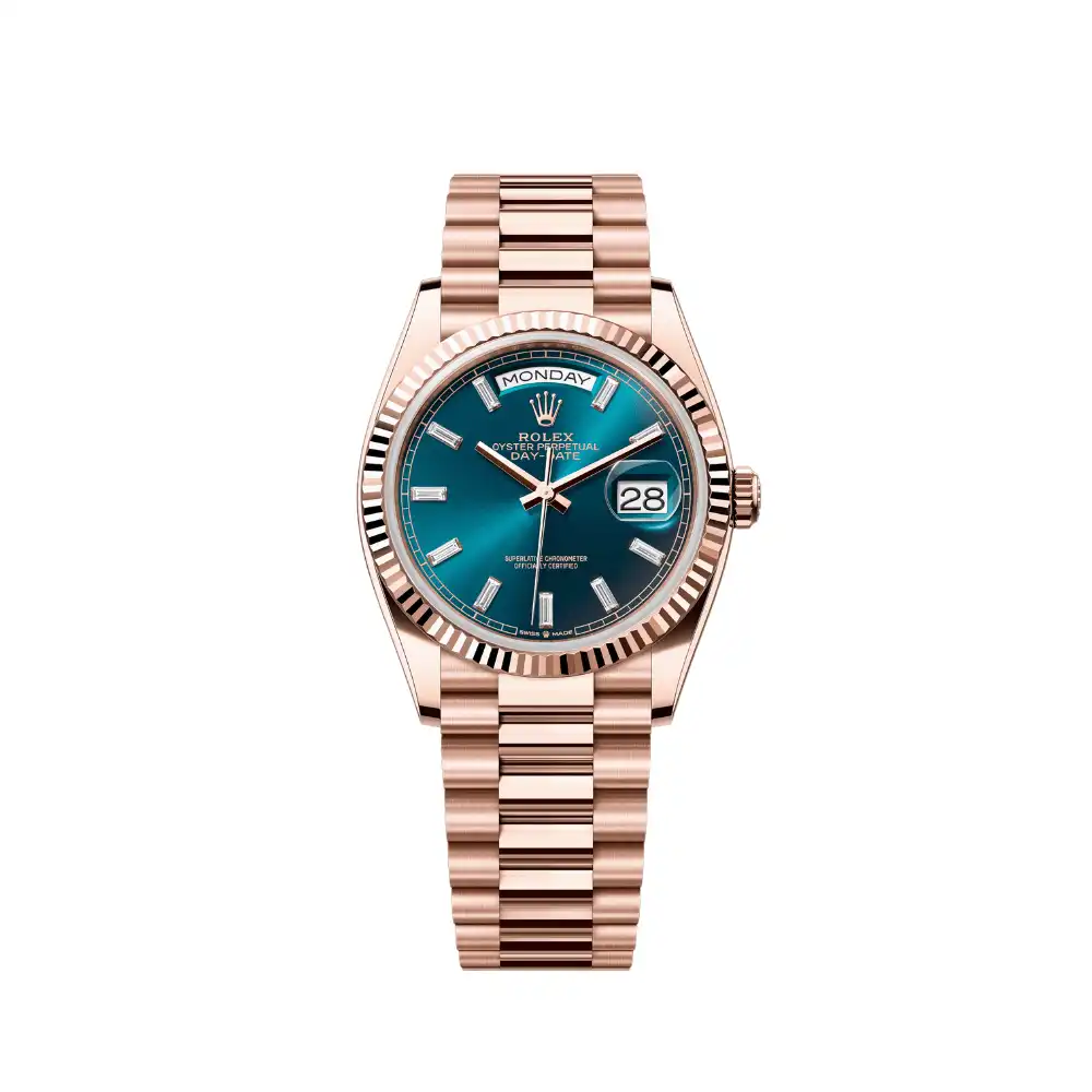 ijlywrse2zy.webp Replica Rolex Day-Date 128235 Rose Gold Blue-Green Baguette Marker Dial - Image 1