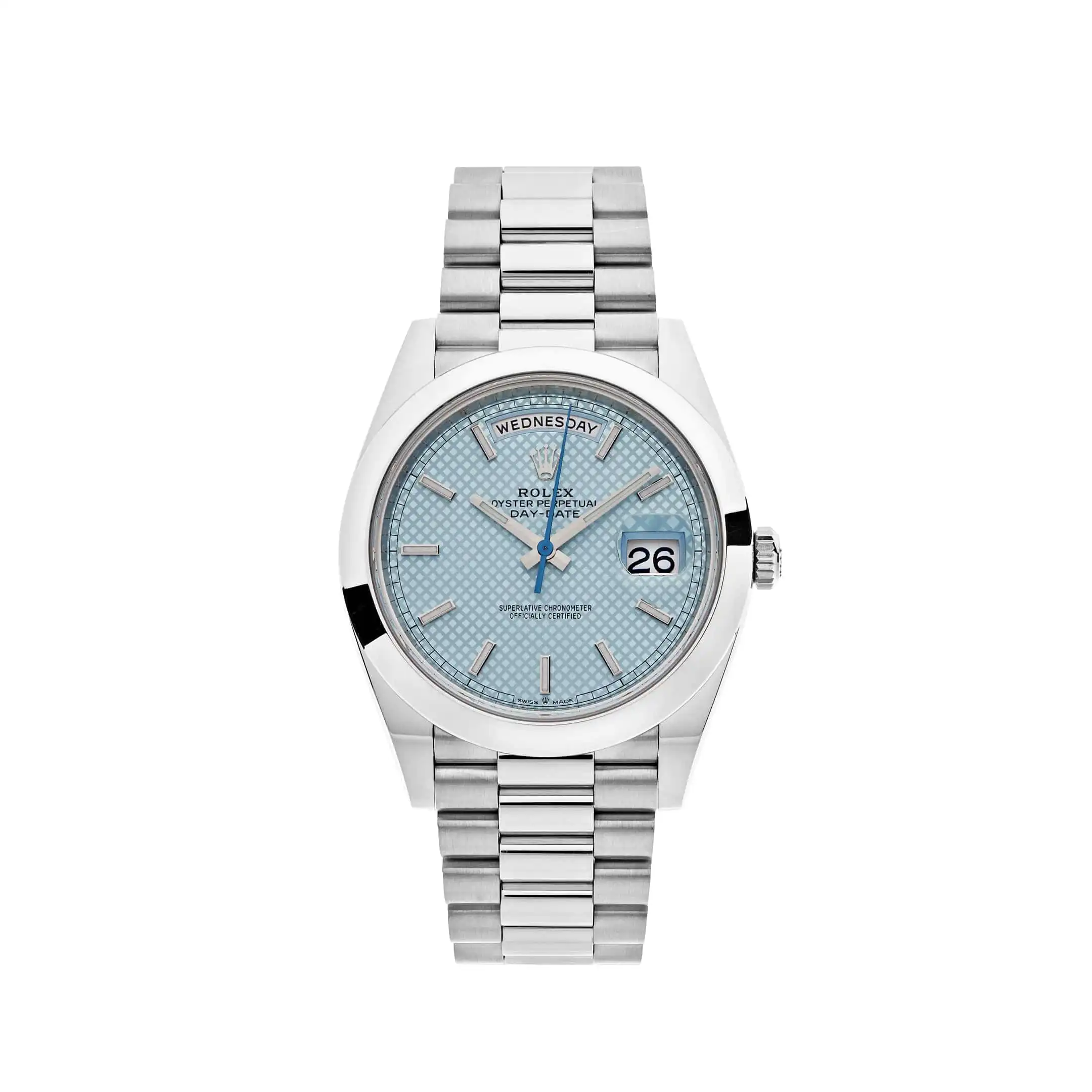 dicsefbhx2p.webp Replica Rolex Day-Date 228206 Platinum Ice Blue Diagonal Motif Dial - Image 1